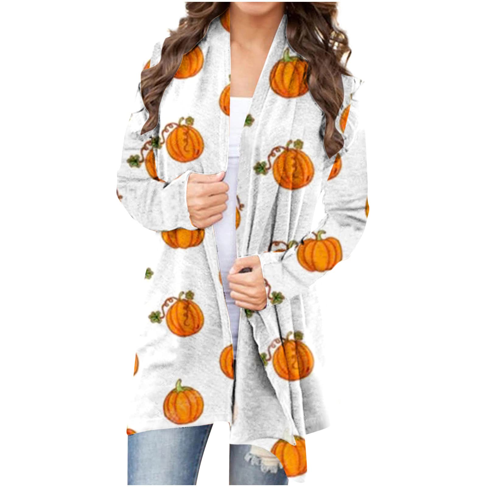 Women's Long Cardigan Sweater - Halloween Pumpkin Print Long Sleeve Open Front Knit Fall Outerwear | Cozy Layering for Autumn, Thanksgiving & Christmas Outfits