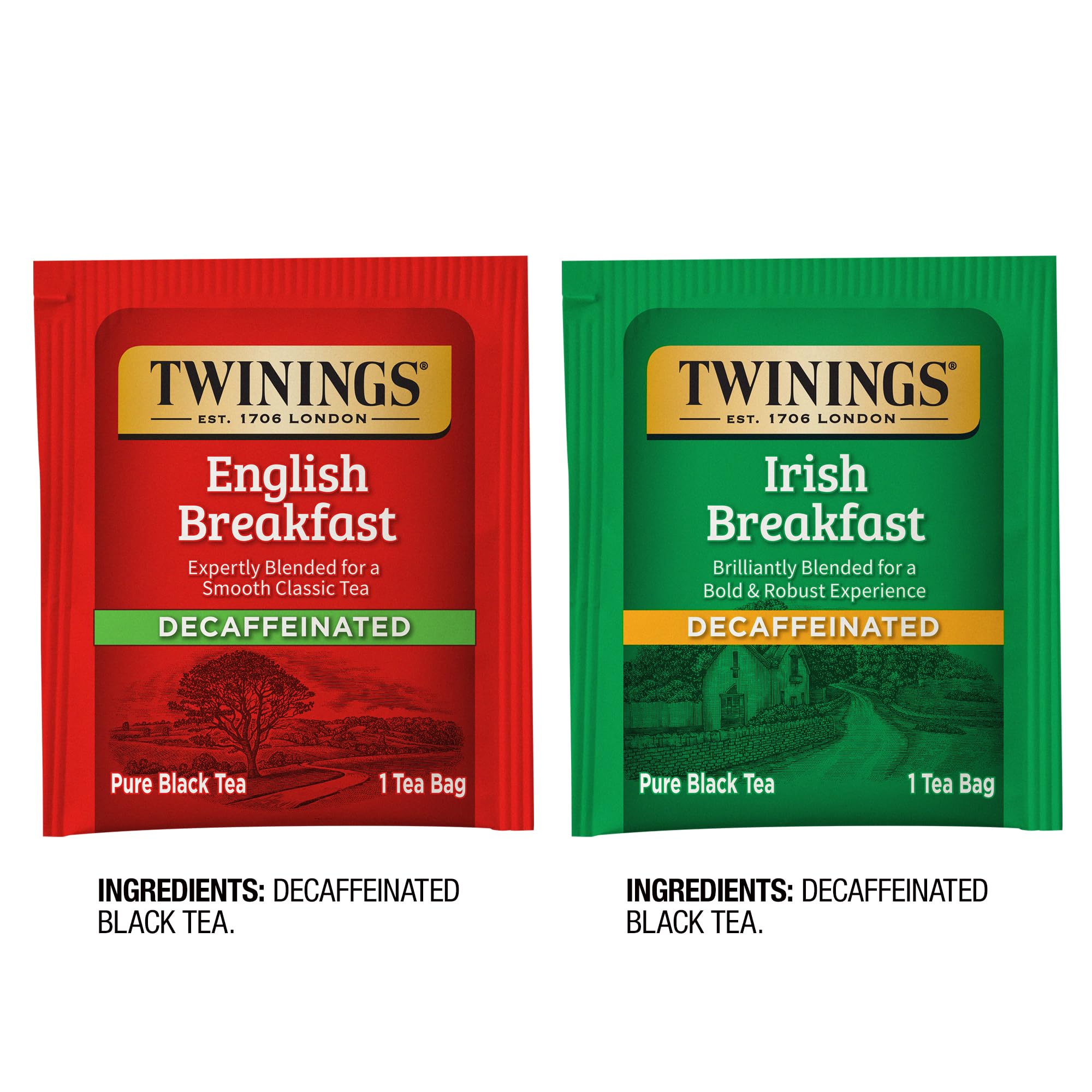 Twinings Decaf English Breakfast & Irish Breakfast Black Tea Bags - 20 Count Each (Pack of 6) - Caffeine-Free Morning Tea for Relaxation & Comfort - Perfect for Evening Tea Time or Before Bed