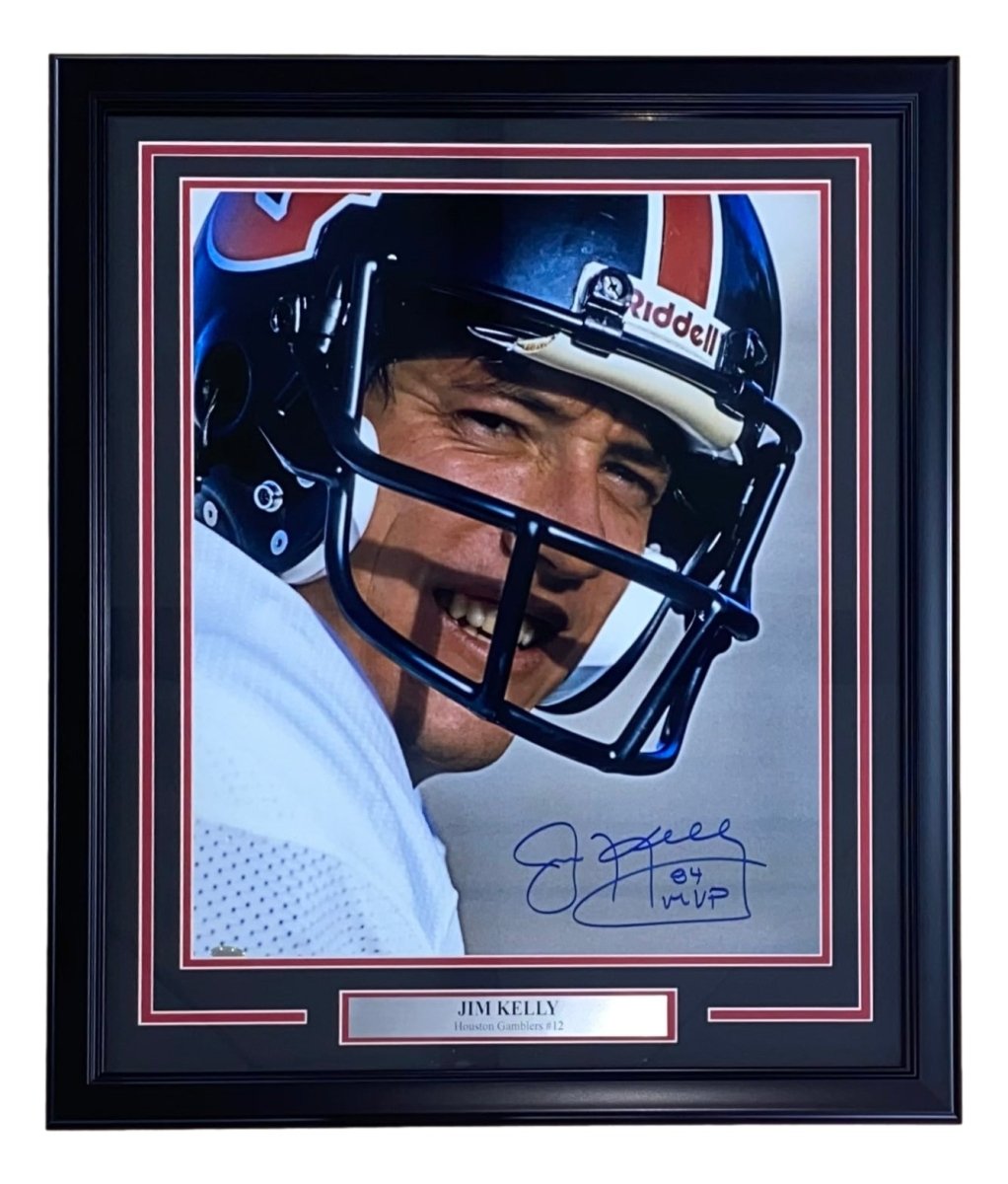 Jim Kelly Autographed Framed 16x20 USFL Houston Gamblers Photo - 1984 MVP Certified by Steiner Sports - Perfect for Sports Memorabilia Collectors and Man Cave Decor