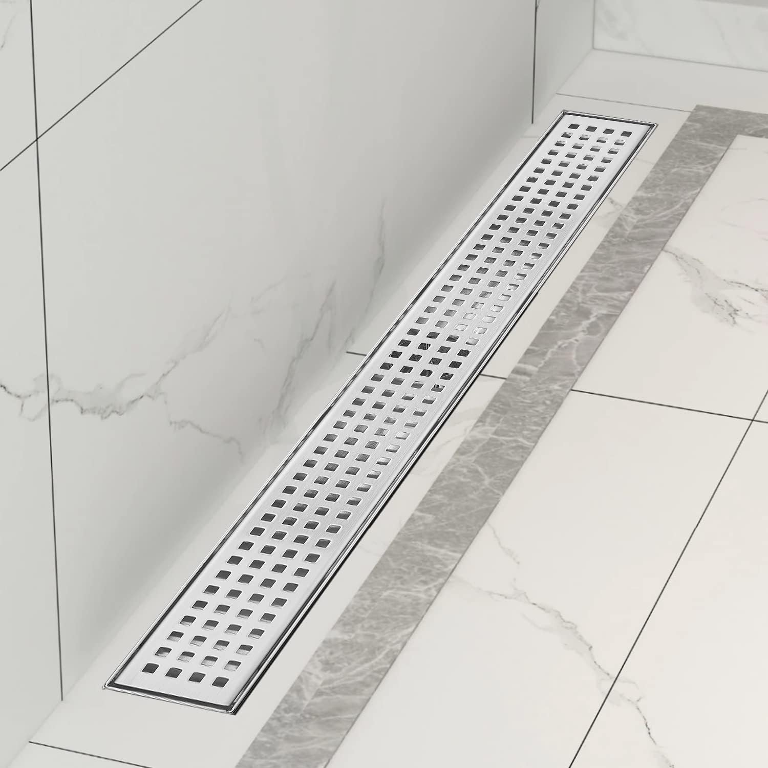 18 Inch AISI 304 Stainless Steel Linear Shower Drain with Removable Grate Cover, Hair Catcher & Leveling Feet - Professional Waterproof Floor Drain for Modern Bathroom & Walk-in Shower Installation