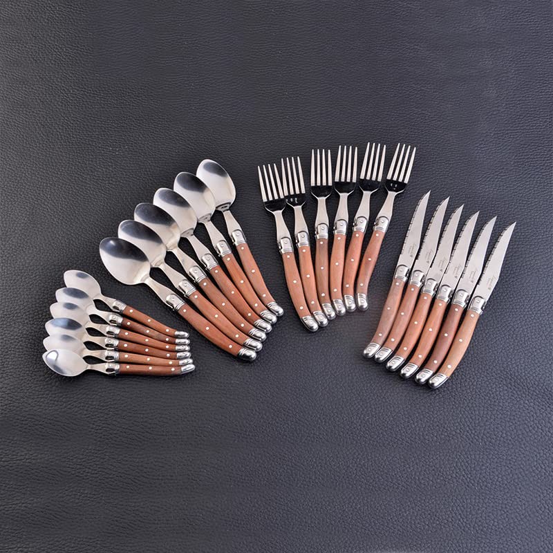 24-Piece Laguiole Steak Knives Set - Stainless Steel Western Cutlery with Wooden Handles - Includes Forks, Spoons & Steak Knives - Elegant Dinnerware for Fine Dining & Entertaining - Perfect for Restaurants, Weddings & Special Occasions