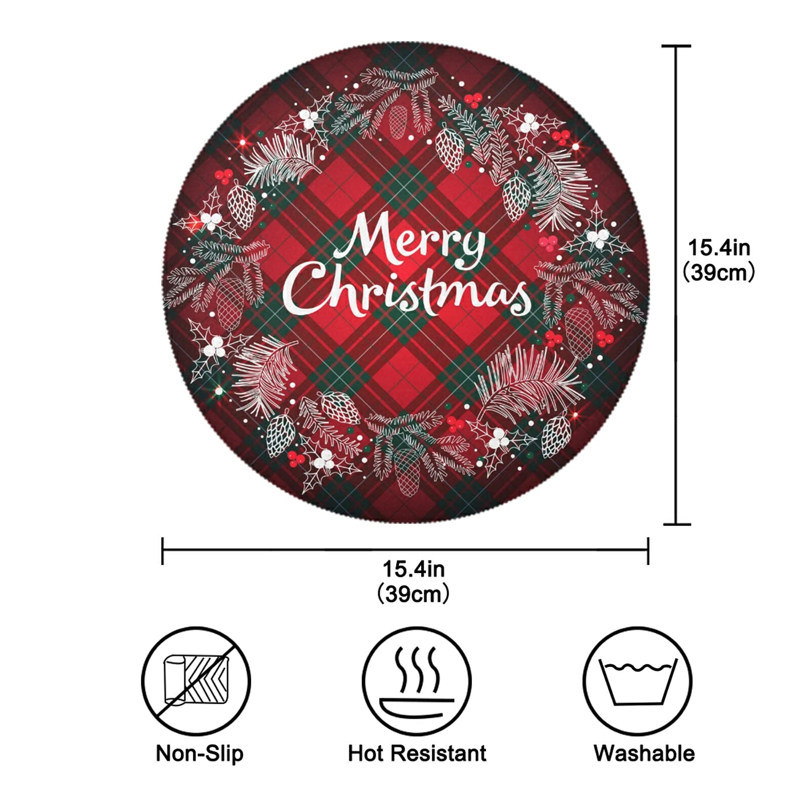 Kcldeci Christmas Round Placemats Set of 4 - 15 Inch Buffalo Check Plaid Wreath Design, Heat Resistant & Easy Care Holiday Dining Table Mats for Christmas Dinner, Party Decor & Festive Home Decor