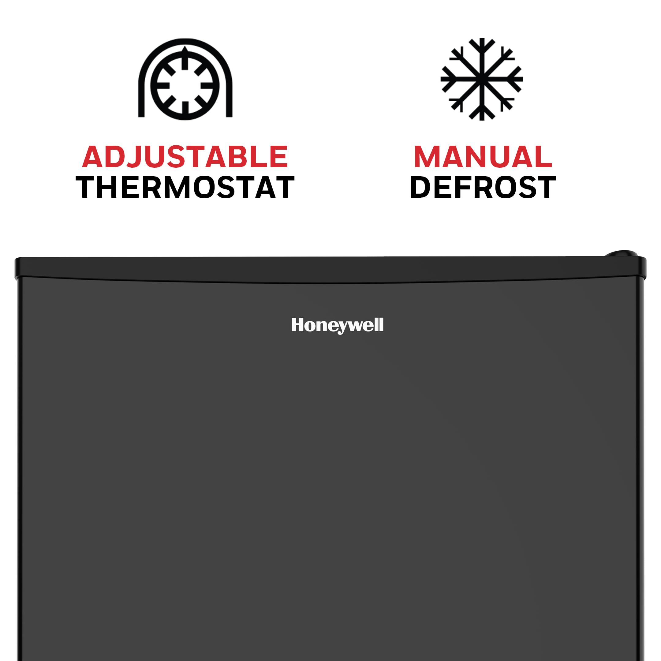 Honeywell 1.6 Cu Ft Compact Mini Fridge with Freezer - Single Door, Adjustable Temperature, Ultra Quiet - Perfect for Bedroom, Office, Dorm Room & Small Spaces - Black