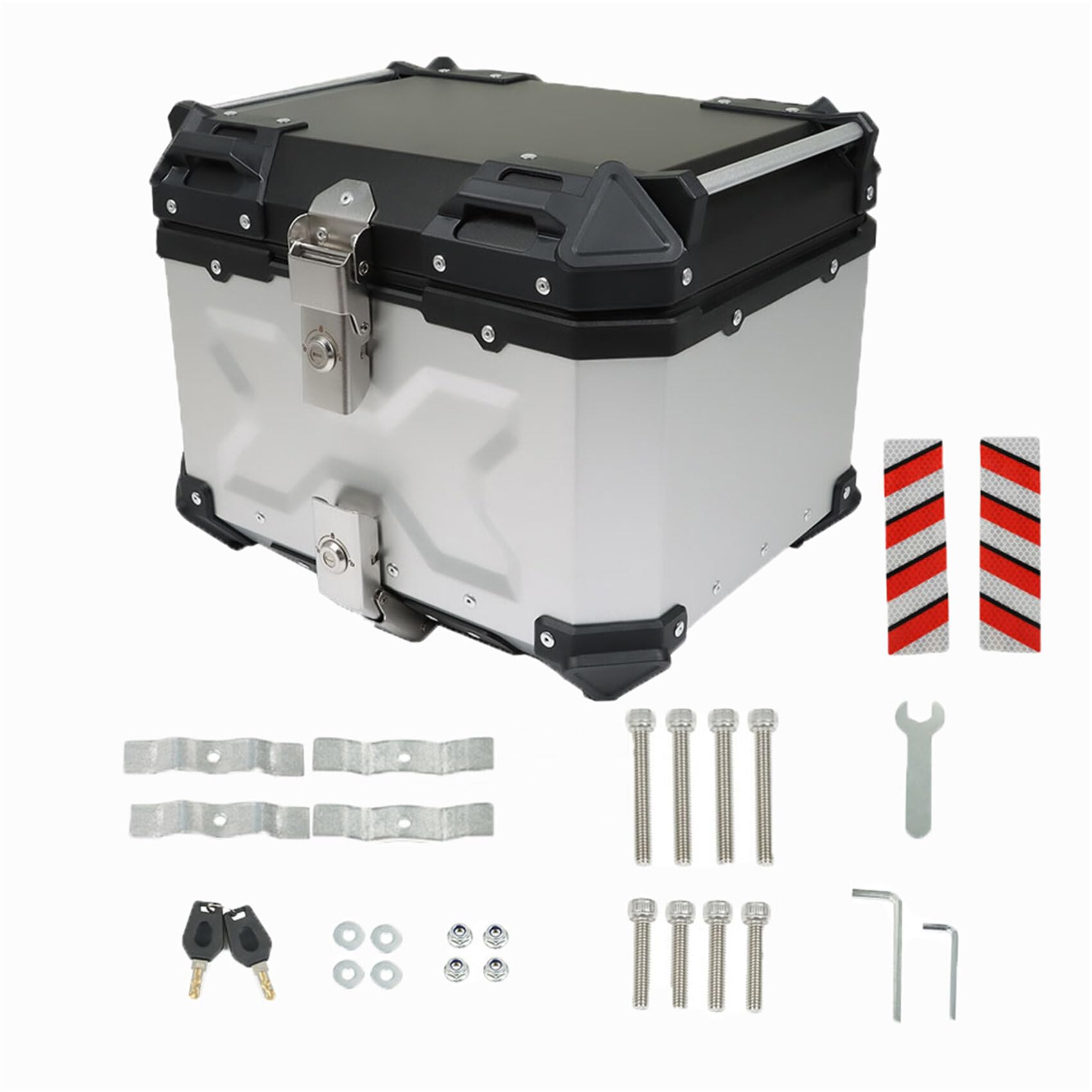 45L Motorcycle Top Case - Hard Aluminum Alloy Waterproof Trunk with Security Lock & Mounting Plate | Silver Metal Touring Tail Box for Secure Storage & Long Rides