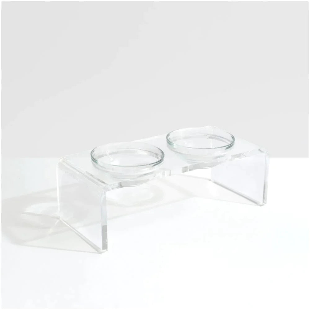 Clear Double Dog Bowl Feeder with 1 Quart Glass Bowls - Non-Slip Stainless Steel Stand for Large & Small Dogs - Perfect for Kitchen, Dining Room, or Outdoor Use