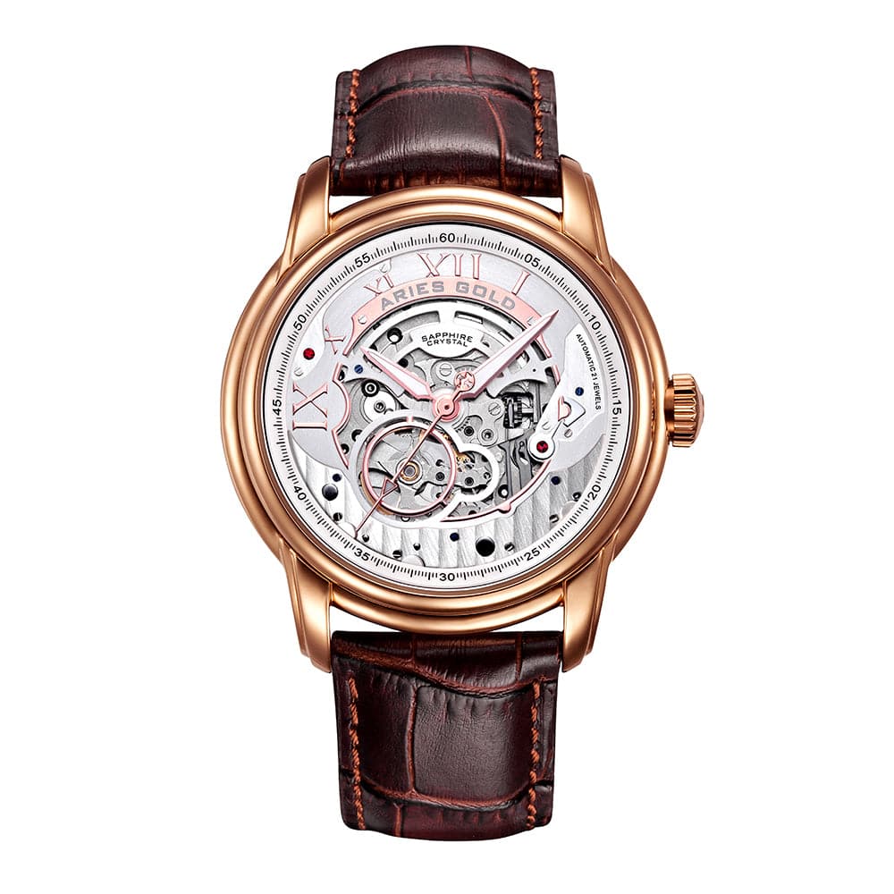 **ARIES GOLD Automatic Infinum El Toro Men's Watch - Rose Gold Stainless Steel Case, Brown Leather Strap | Luxury Dress Watch for Business & Formal Occasions**