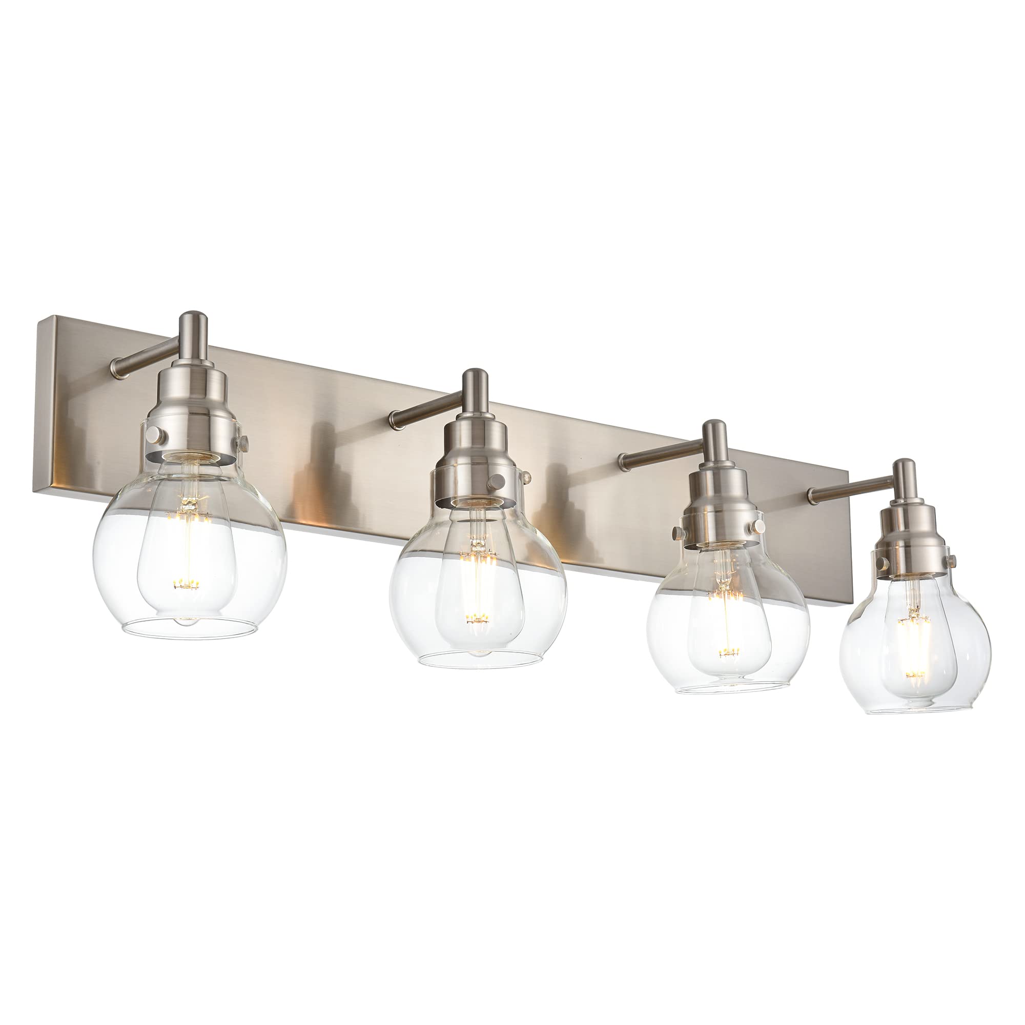 4-Light Modern Bathroom Vanity Light Fixture in Brushed Nickel - Clear Globe Glass Wall Sconce for Bathroom, Powder Room & Foyer Lighting - Perfect for Makeup Vanity, Dressing Area and Hallway Illumination