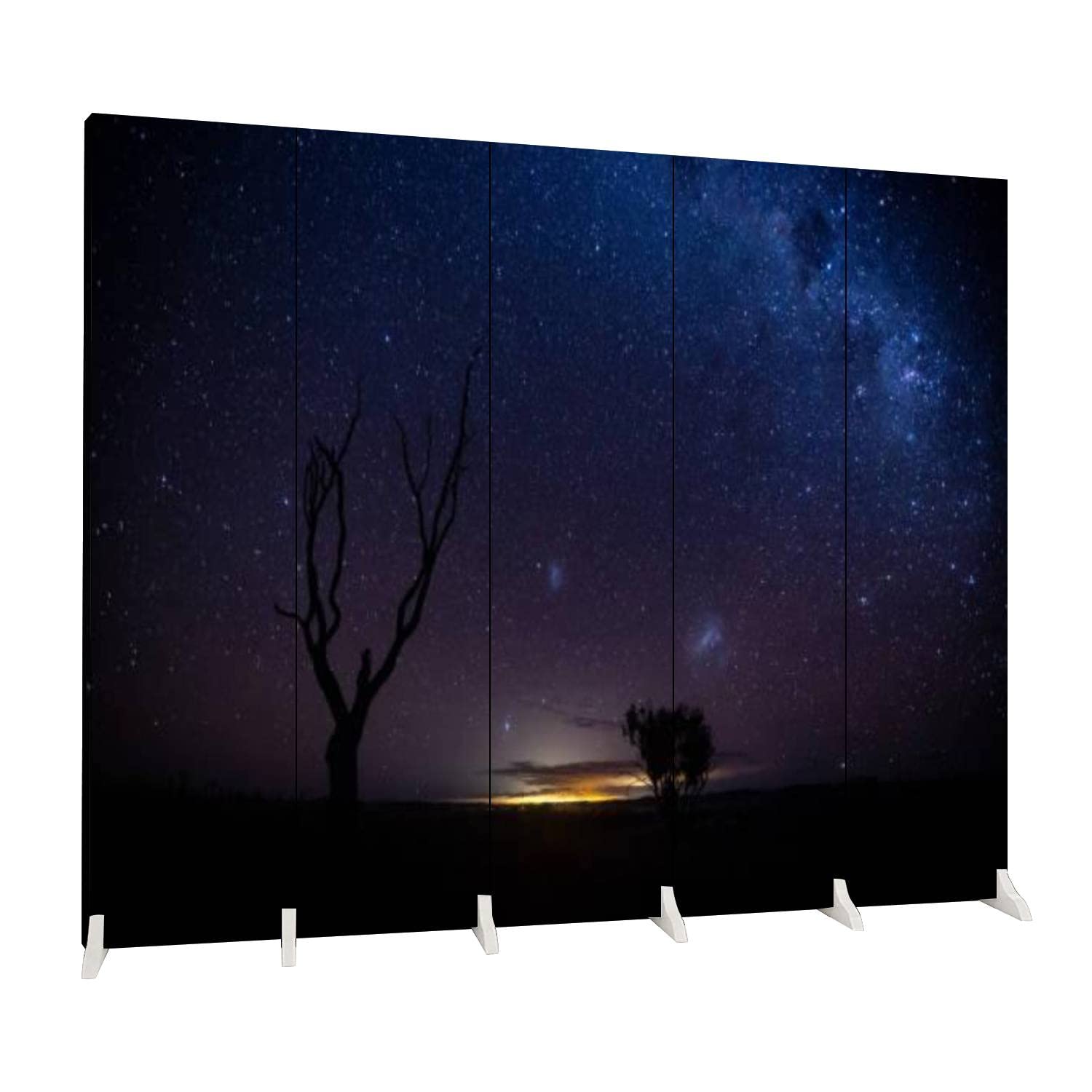 5-Panel Room Divider with Tree Silhouette & Milky Way Design - Folding Canvas Privacy Screen for Bedroom, Office, or Studio - Freestanding Indoor Partition with Night Sky Artwork - Perfect for Creating Private Spaces or Decorative Accent Walls