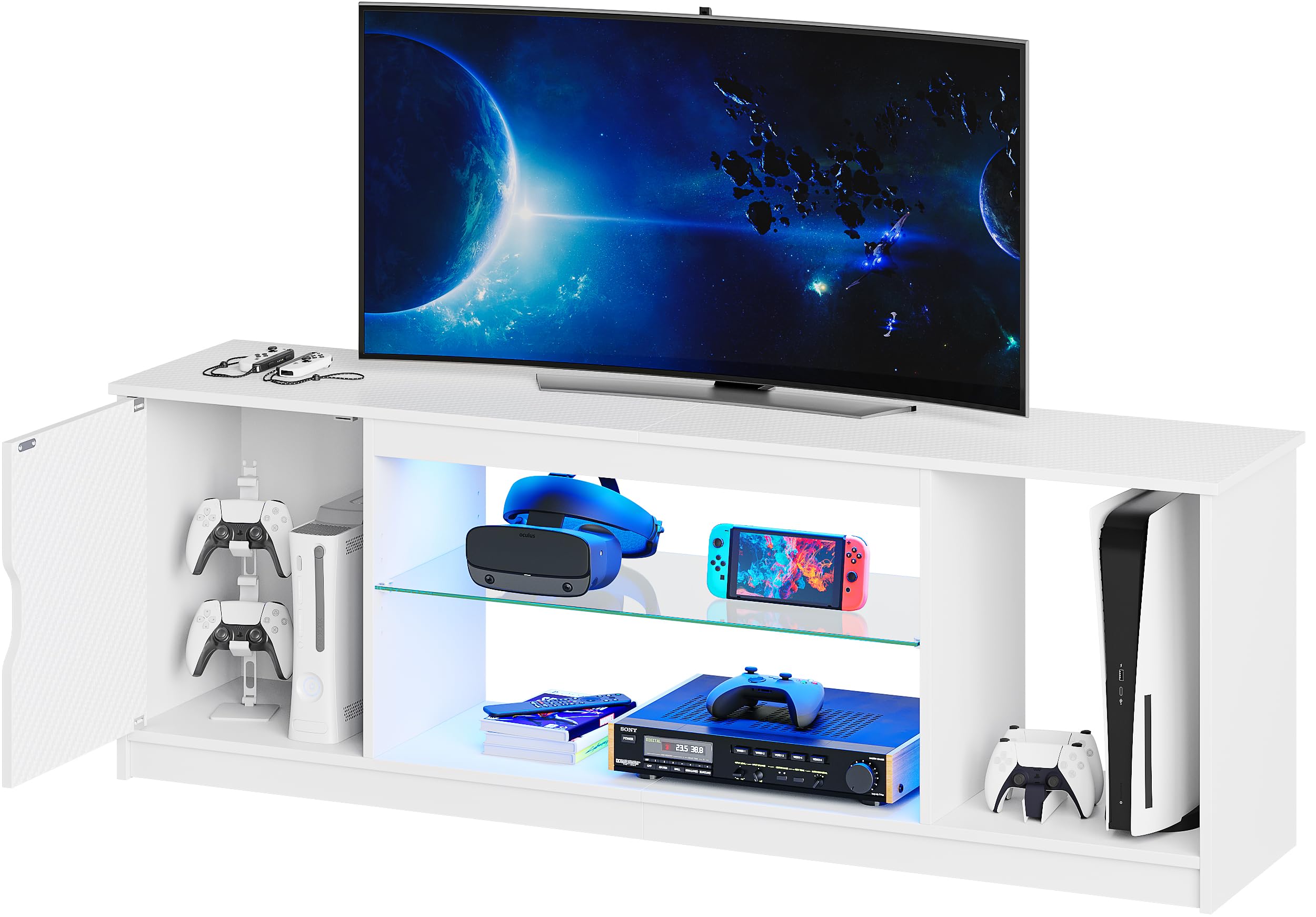 Bestier 55/60/65 Inch Gaming TV Stand with Removable Glass Shelves & 22 RGB LED Modes - Modern Entertainment Center for PS5, Xbox, Living Room & Bedroom - Carbon Fiber White TV Console for Enhanced Gaming & Movie Nights
