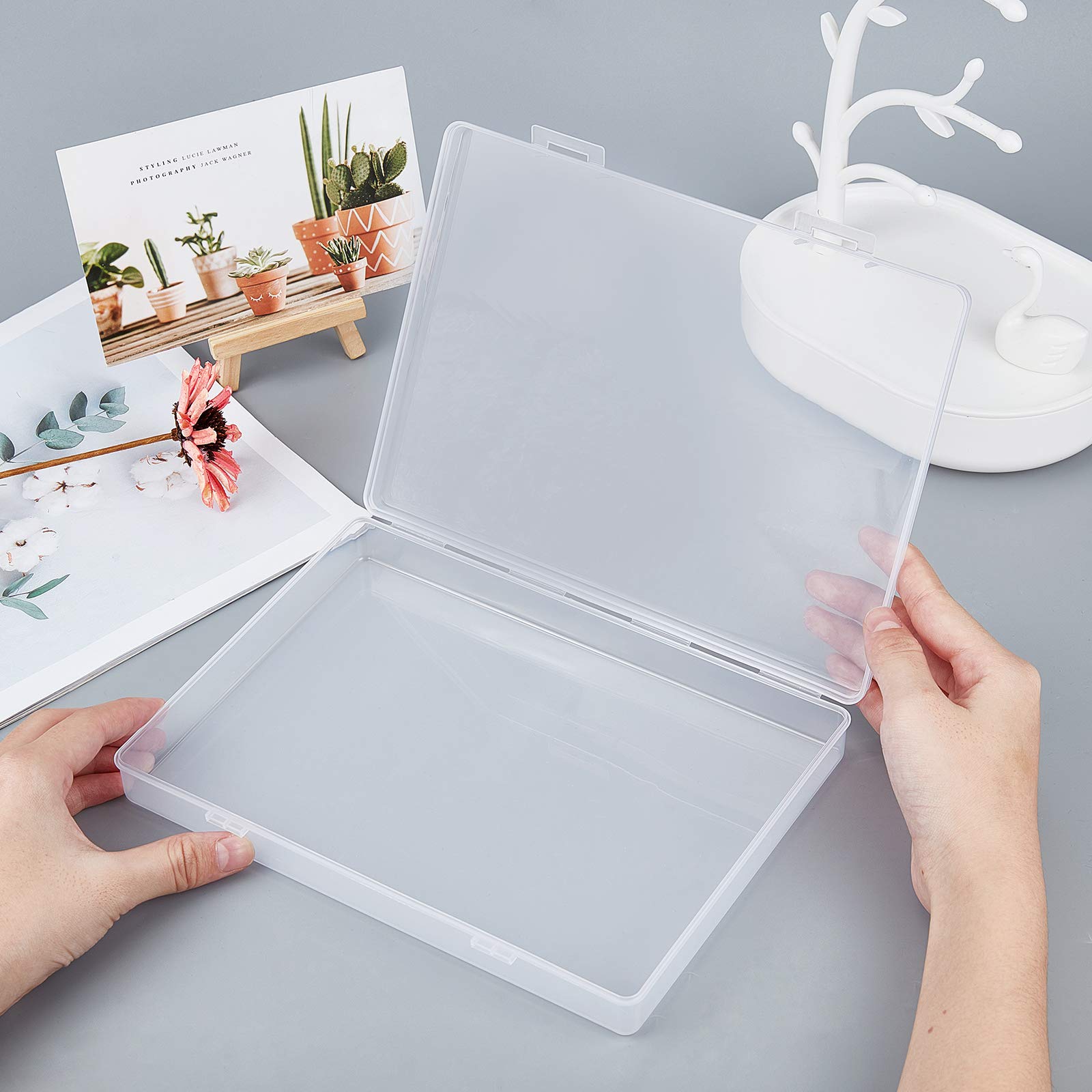 BENECREAT 4 Pack Clear Plastic Storage Containers 8.8x6.5x1.2 Inches - Large Rectangle Organizer Box with Double Buckles for Cards, Pens, Beads, Jewelry Findings - Perfect for Craft Room, Office & Home Organization