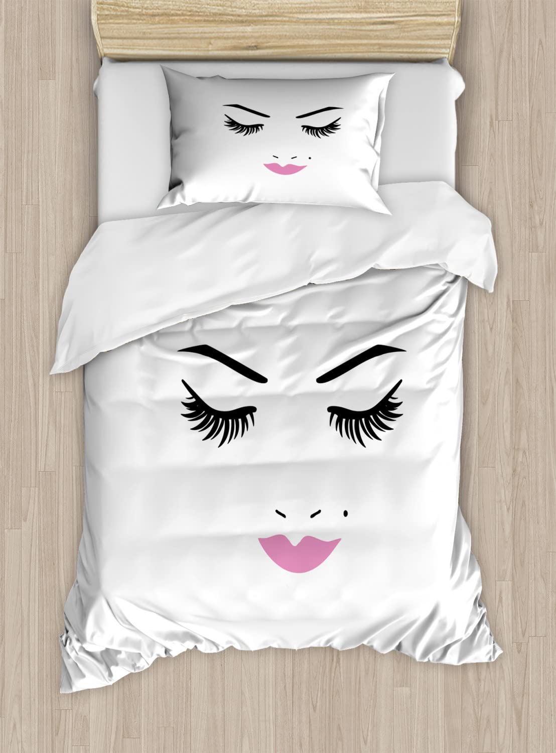 Ambesonne Eyelash Duvet Cover Set - Pink Lipstick Glam Makeup Design, 2 Duvet Covers & 4 Pillowcases, Cal King Size (2 Pack) in Fuchsia Black White - Soft & Stylish Bedding for Women's Bedroom Decor