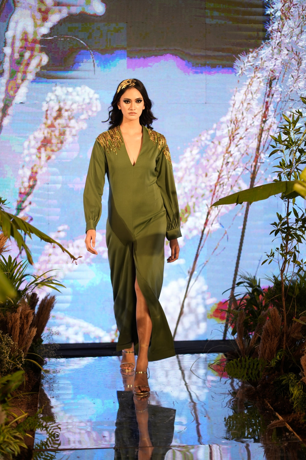 Elegant Dark Jade Green Slit Dress with Metallic Gold Embellishments - Perfect for Evening Parties, Cocktail Events & Special Occasions