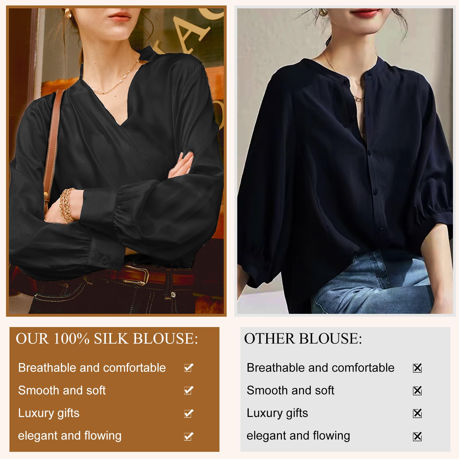Elegant Women's Silk Blouse Long Sleeve Button Down Shirt with Ruched V-Neck - Classic Flowy Summer Top for Office, Date Night & Special Occasions