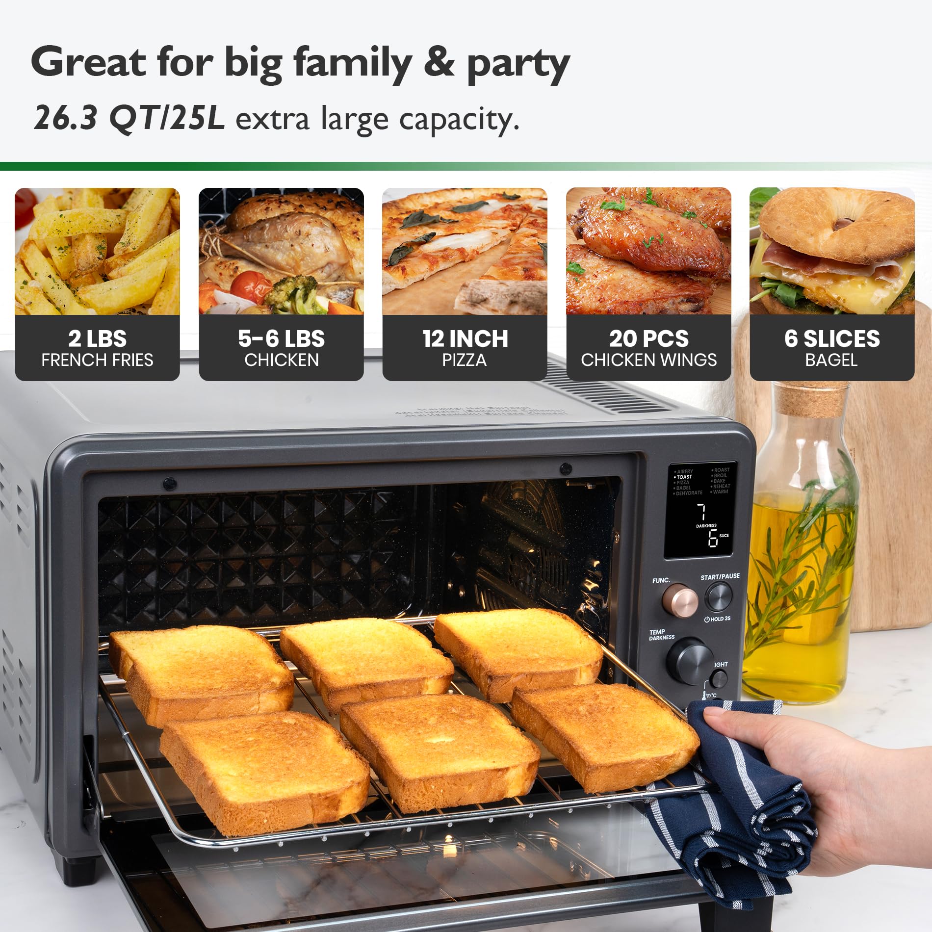 Infrared Air Fryer Toaster Oven Combo - 10-in-1 Countertop Convection Oven with Non-Toxic Enamel Coating, Extra Large Capacity for 6-Slice Toast, Includes Easy-Clean Enamel Baking Pan - Perfect for Healthy Cooking, Baking, and Family Meals