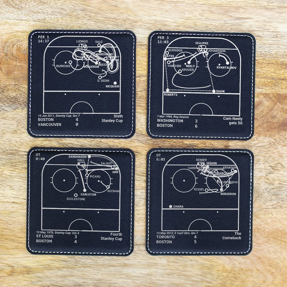 Boston Bruins Leatherette Coasters Set of 4 - Officially Licensed NHL Hockey Barware with Iconic Plays - Perfect Bruins Gift for Men, Sports Fans & Game Day Decor - Great for Home Bars, Man Caves & Sports Themed Parties
