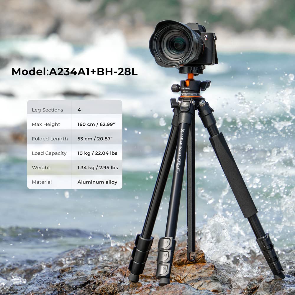 K&F Concept 62-Inch Lightweight Aluminum Tripod for DSLR Cameras - 160cm Compact Travel Tripod with 10KG Load Ball Head & Quick Release Plate - Perfect for Photography, Vlogging, and Outdoor Adventures (Model A234A1)