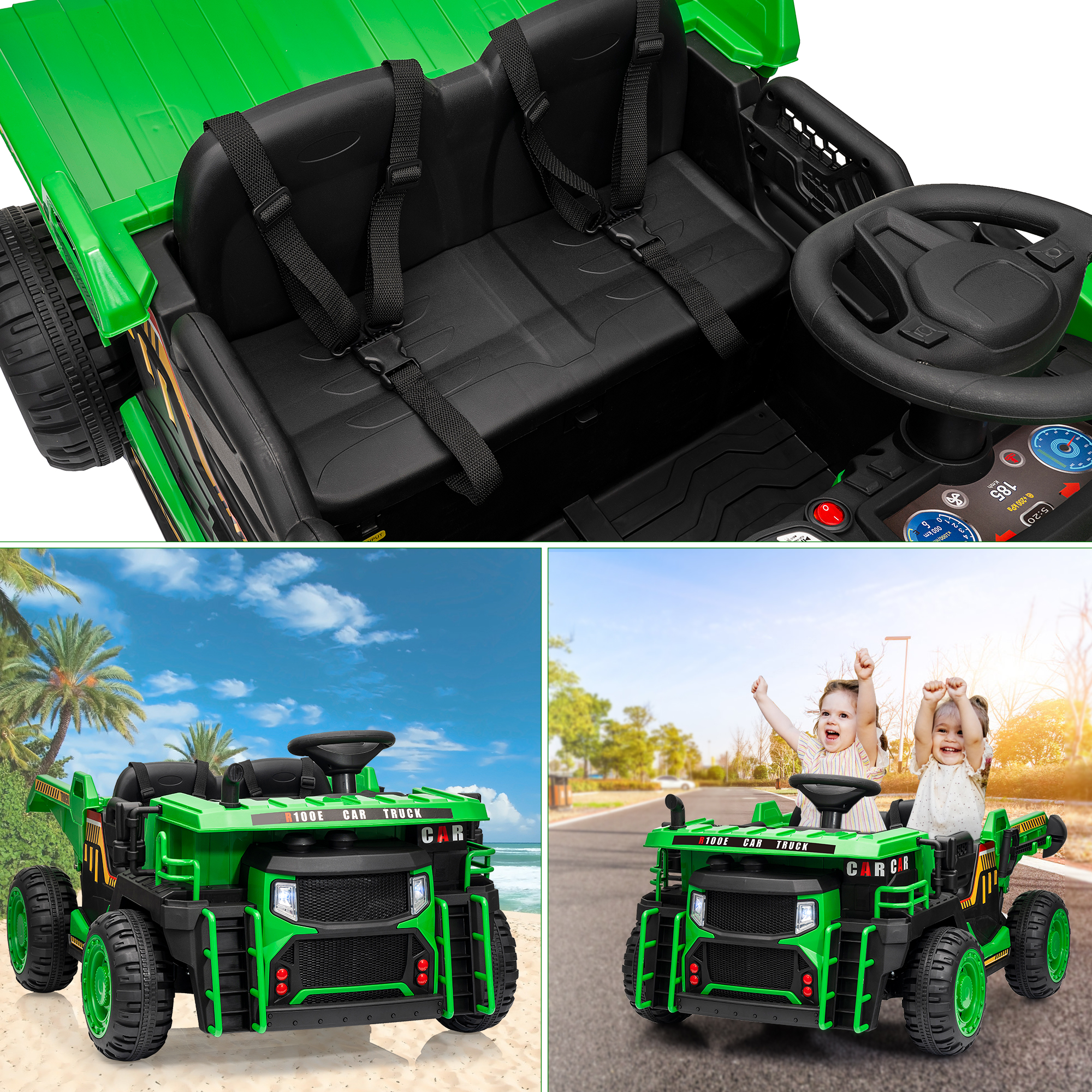GARVEE 24V Kids Ride On Dump Truck - 2 Seater Electric Toy Car with Remote Control, Dump Bed & Shovel, LED Lights, Music, Wheel Shock Absorption - Construction Vehicle Toy for Boys & Girls Ages 3+ (Green) - Perfect for Outdoor Play, Birthday Gifts & Construction-Themed Pretend Play