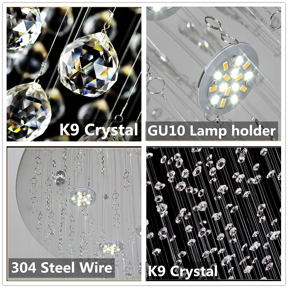 Modern K9 Crystal Raindrop Chandelier Pendant Light - Chrome Silver Round Sphere Flush Mount LED Ceiling Lamp (5-Lights, D20