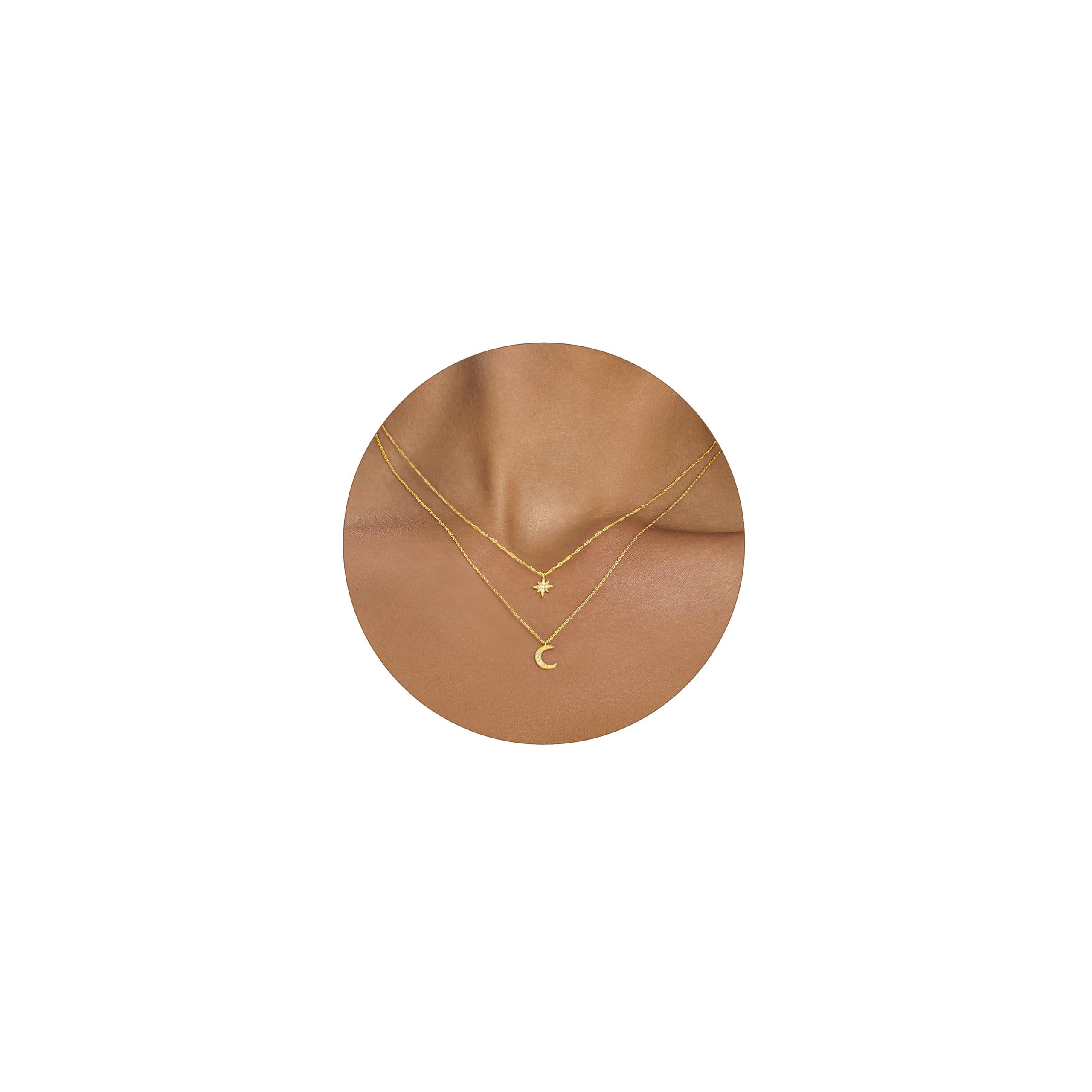 14K Gold Plated Moon and Star Pendant Necklace for Women - Dainty Layered Choker with CZ Diamonds | Trendy Gold Jewelry Gift for Her | Perfect for Date Nights, Office Wear & Special Occasions