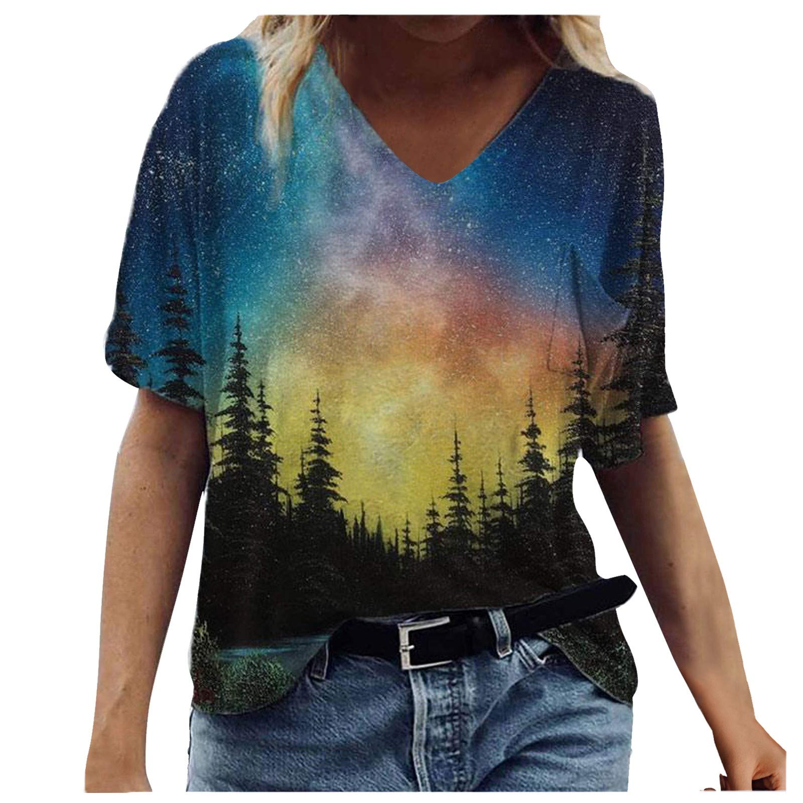Women's Plus Size Casual V-Neck Short Sleeve T-Shirt - Floral Print Loose Fit Blouse for Summer | Perfect for Beach Outings, Weekend Wear & Vacation Essentials