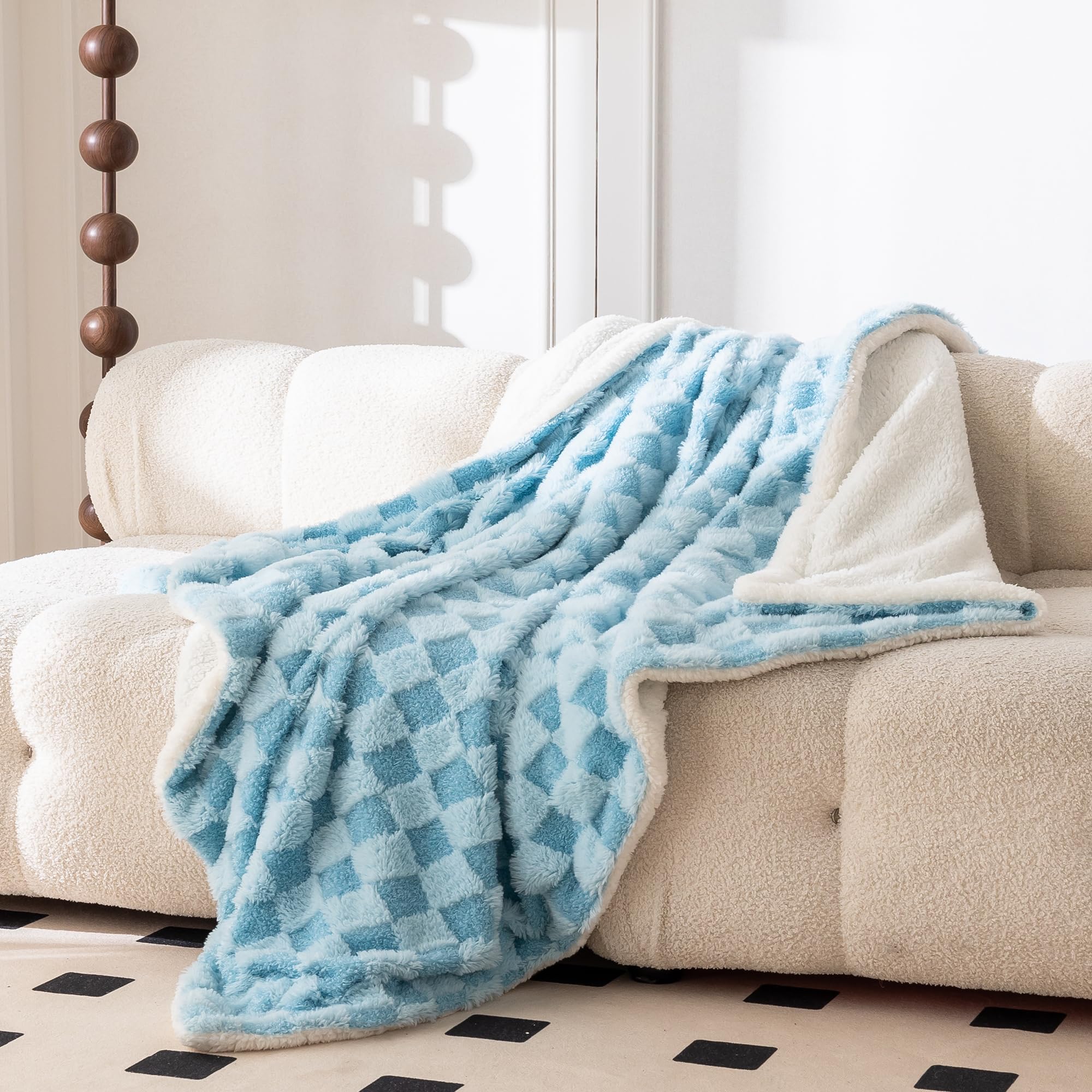 Checkered Faux Fur Throw Blanket - Ultra Soft & Warm Fleece Blanket for Couch, Bed, Chair - Perfect for Camping, Travel, Picnics & Home Decor - Baby Blue 50x60 Inches