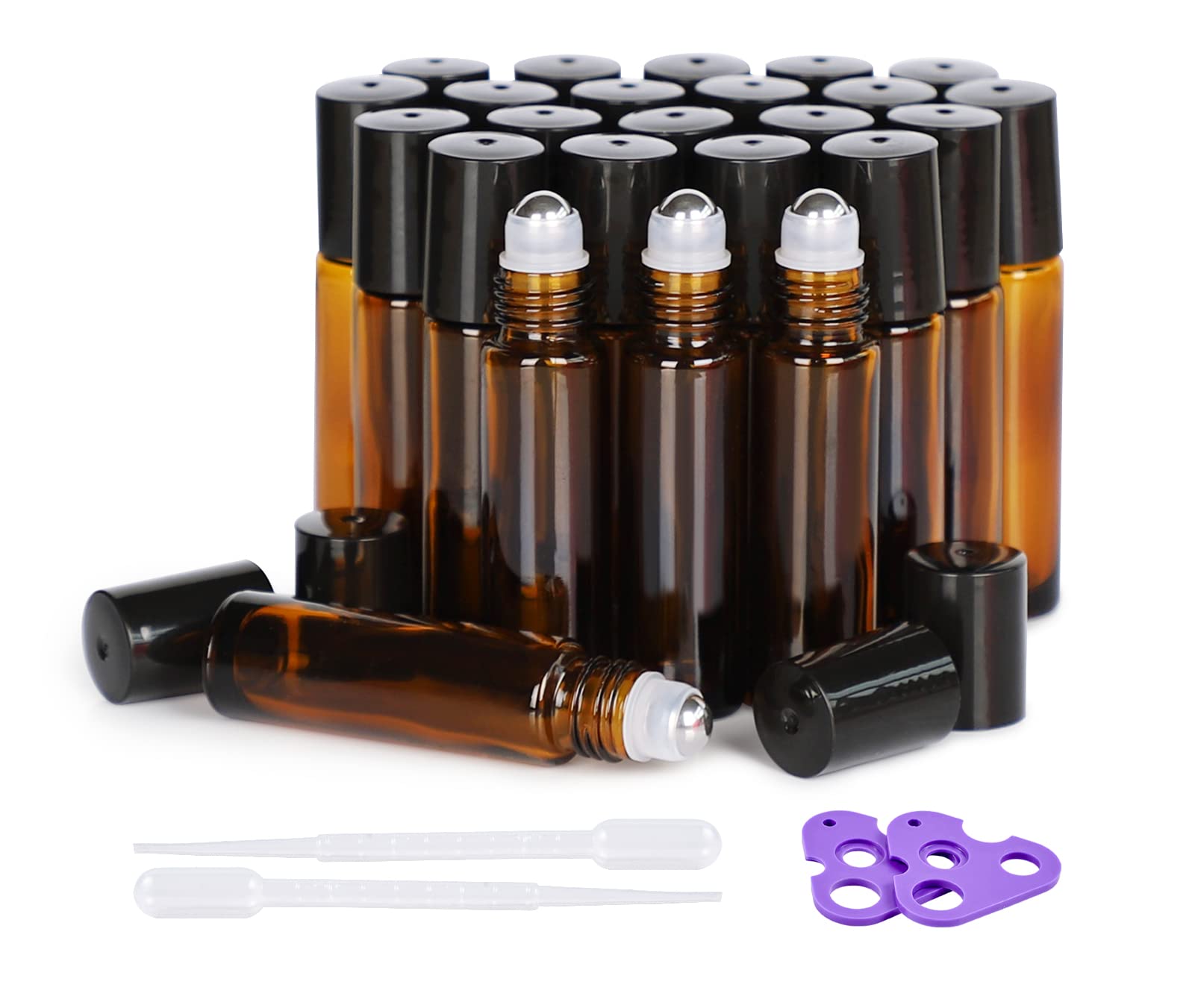 24 Pack 10ml Empty Amber Glass Essential Oil Roller Bottles with Stainless Steel Balls - UV Protection for Aromatherapy, DIY Blends & On-the-Go Relaxation
