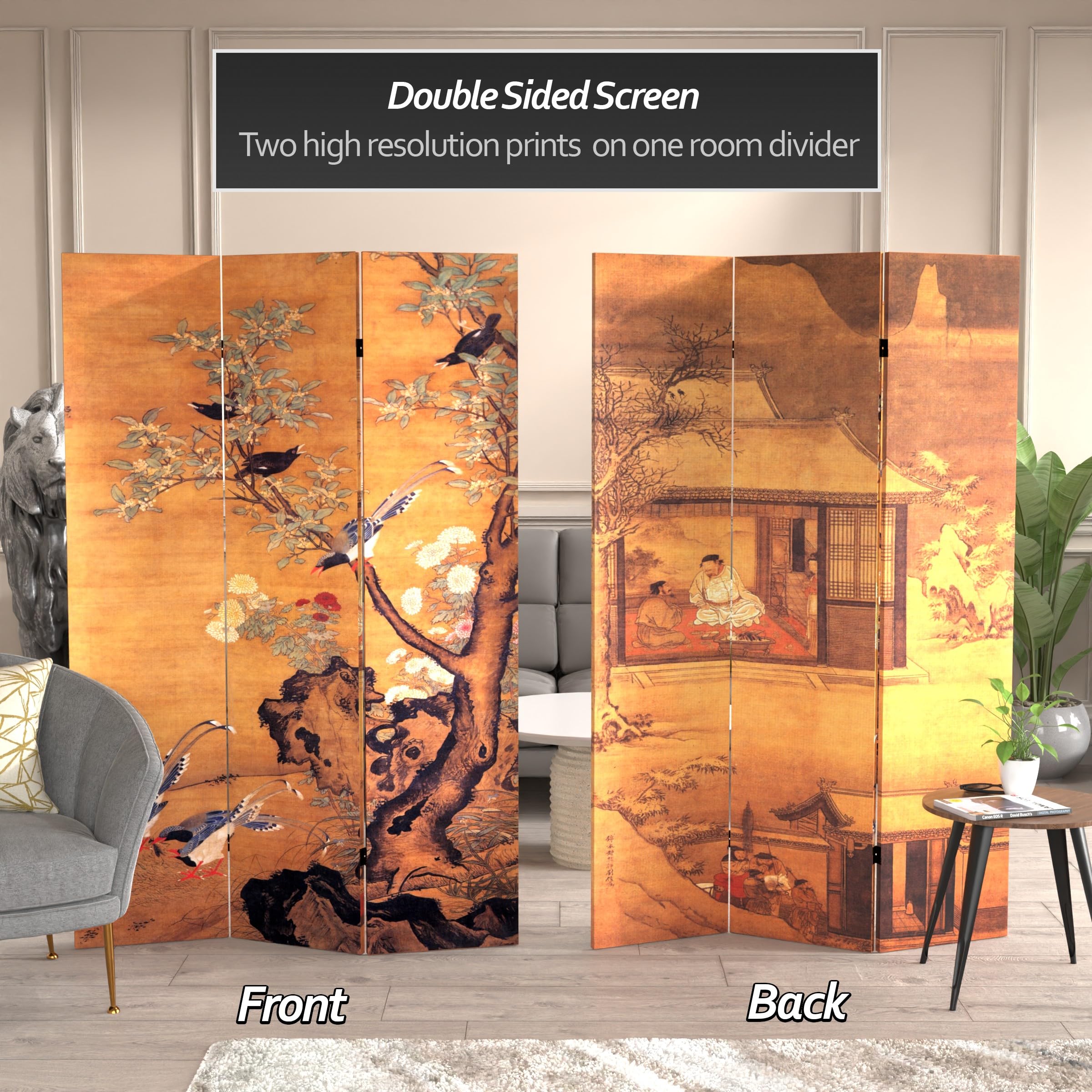 6 ft. Tall Double Sided Chinese Landscape Canvas Room Divider - Handcrafted Oriental Folding Screen with Brown Wood Frame | Perfect for Home Decor, Office Partition & Asian-Themed Spaces