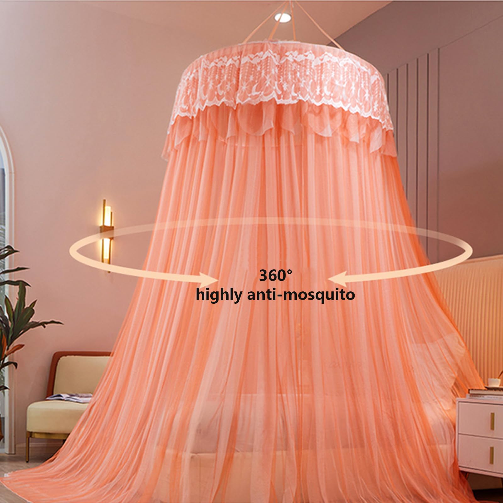 Princess Bed Canopy for Girls - Double Layer Sheer Mesh Dome Canopy with LED String Lights, Round Lace Mosquito Net Tent for Single to Double Bed (Orange) | Perfect for Kids' Bedroom Decor, Birthday Gifts & Fairy Tale Themed Rooms