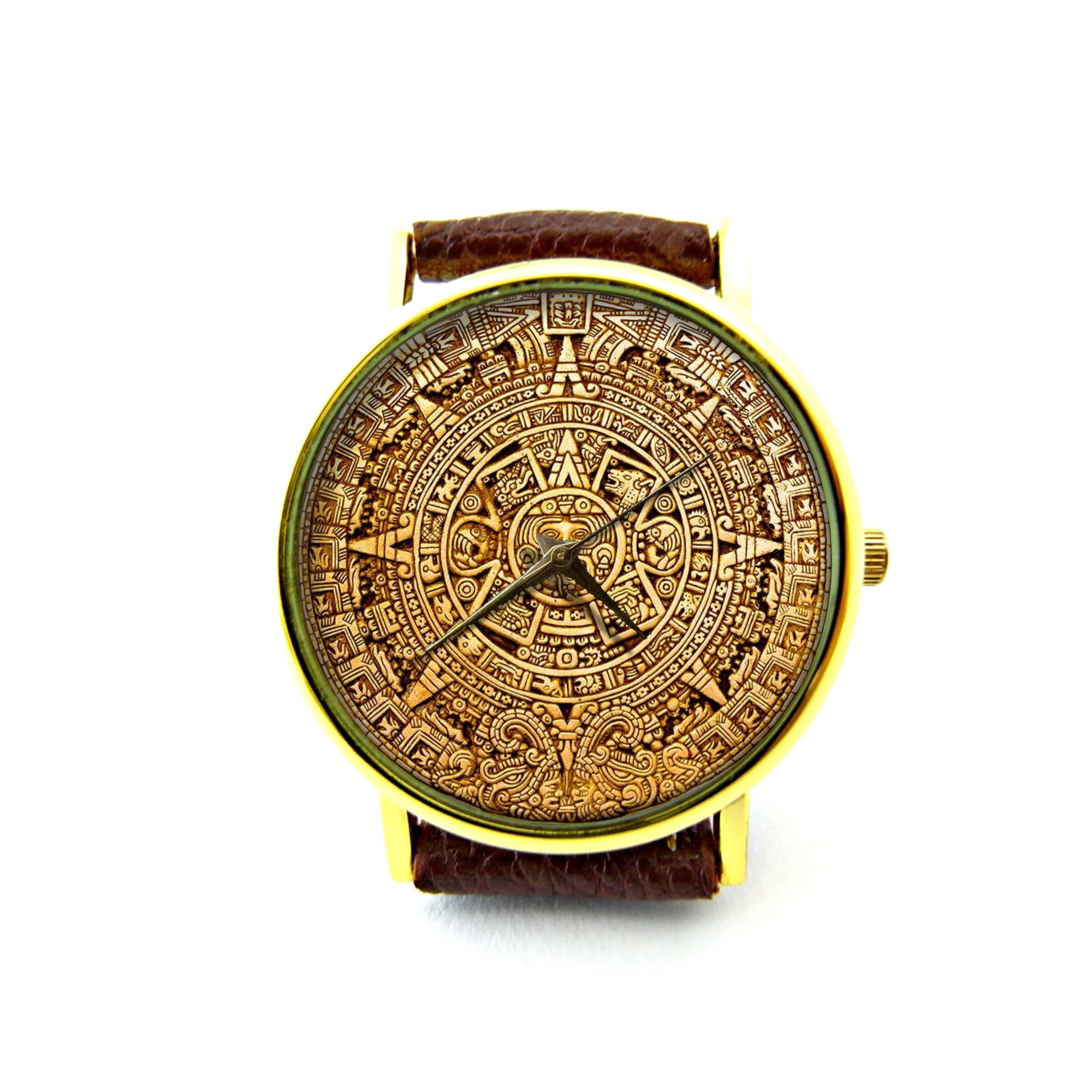 Mayan Aztec Leather Watch - Unisex Ancient Art Timepiece for Daily Wear