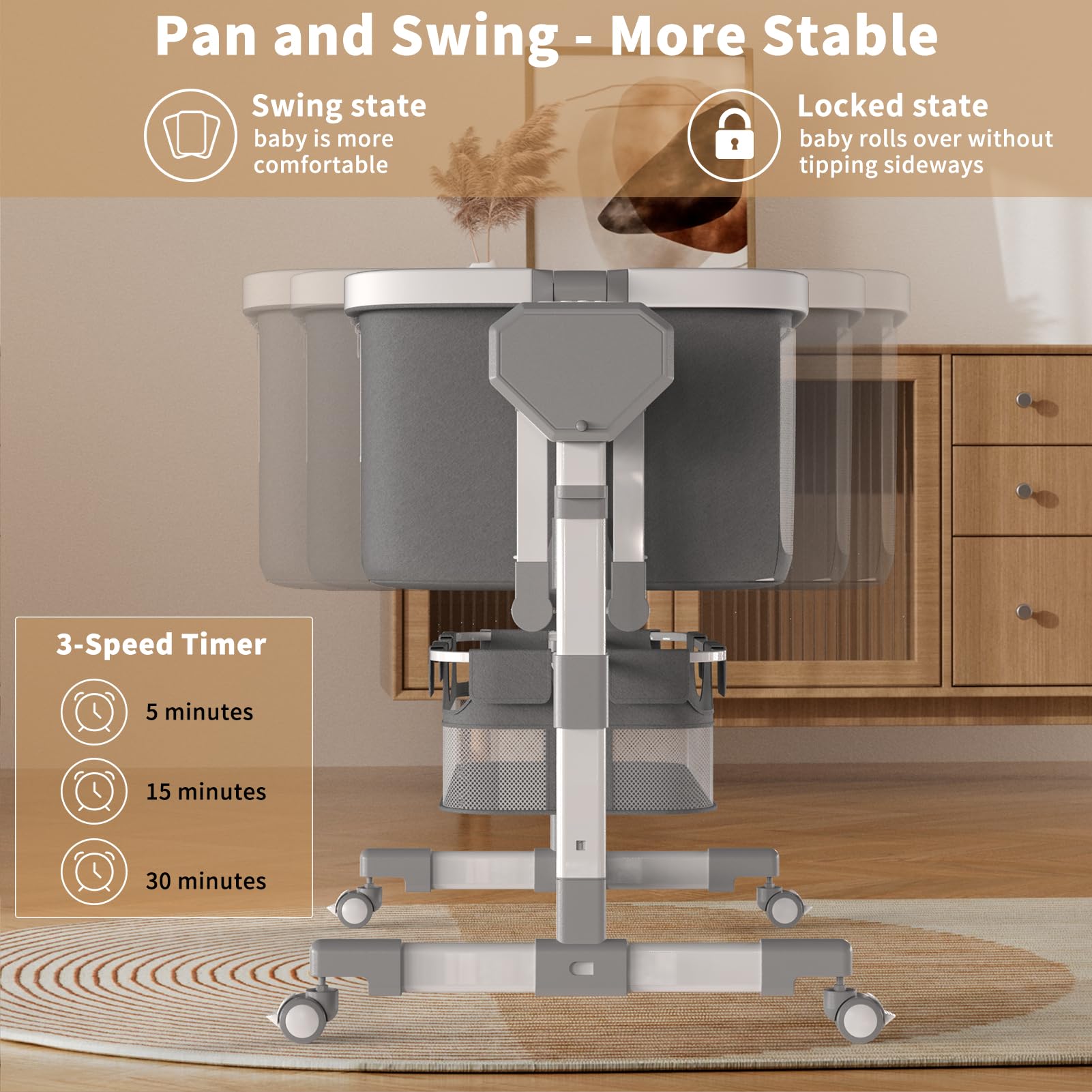 Electric Rocking Bassinet for Baby with Bluetooth & Wheels - 6 Height Adjustable, 5-Speed Swing Smart Crib for Newborns | Bedside Sleeper for Nursery, Daytime Napping & Nighttime Soothing