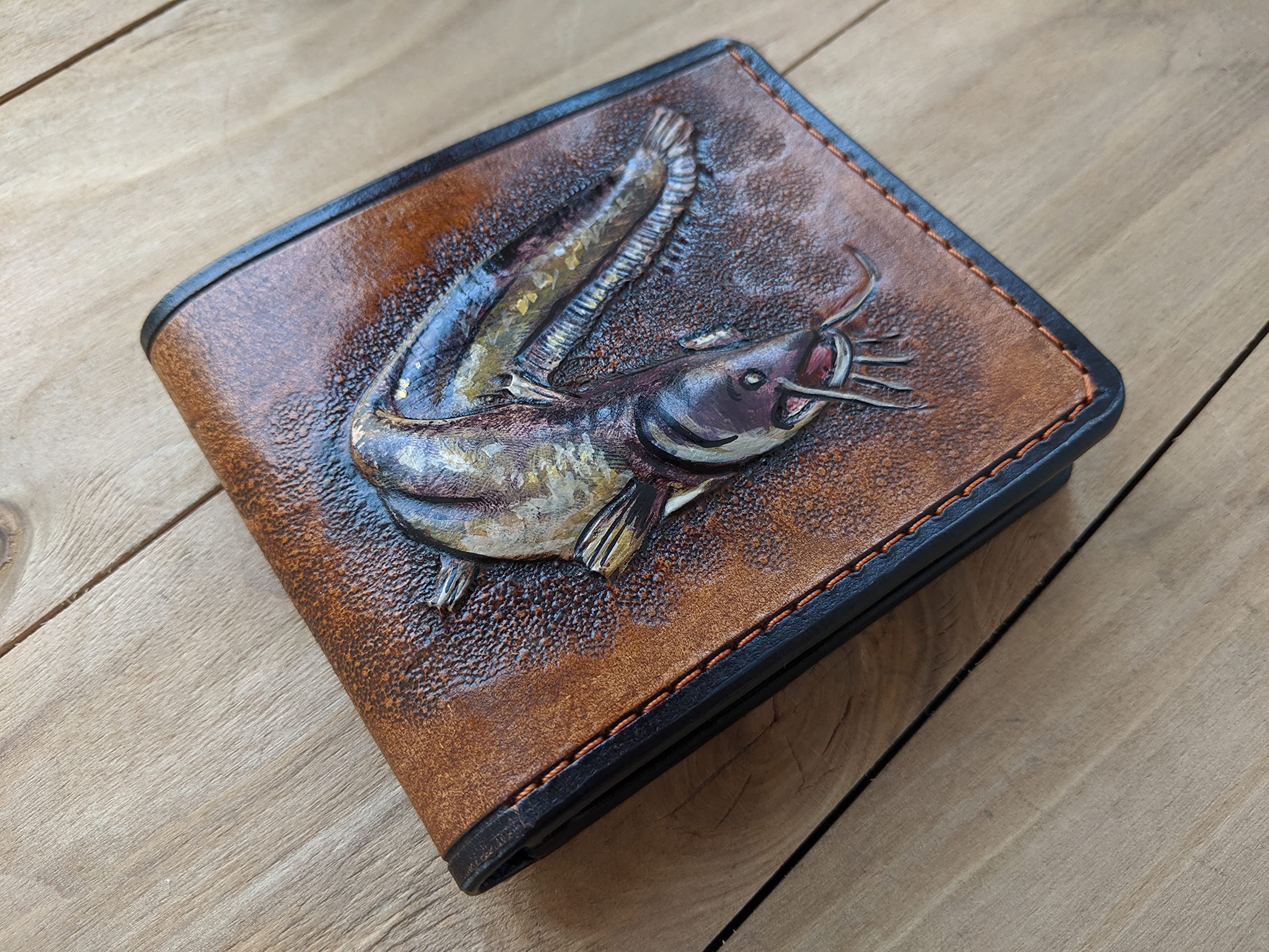 Handmade 3D Genuine Leather Catfish Fishing Wallet for Men - Custom Bifold Tooled Angler Wallet with Airbrush Art - Perfect Gift for Fishermen & Outdoor Enthusiasts