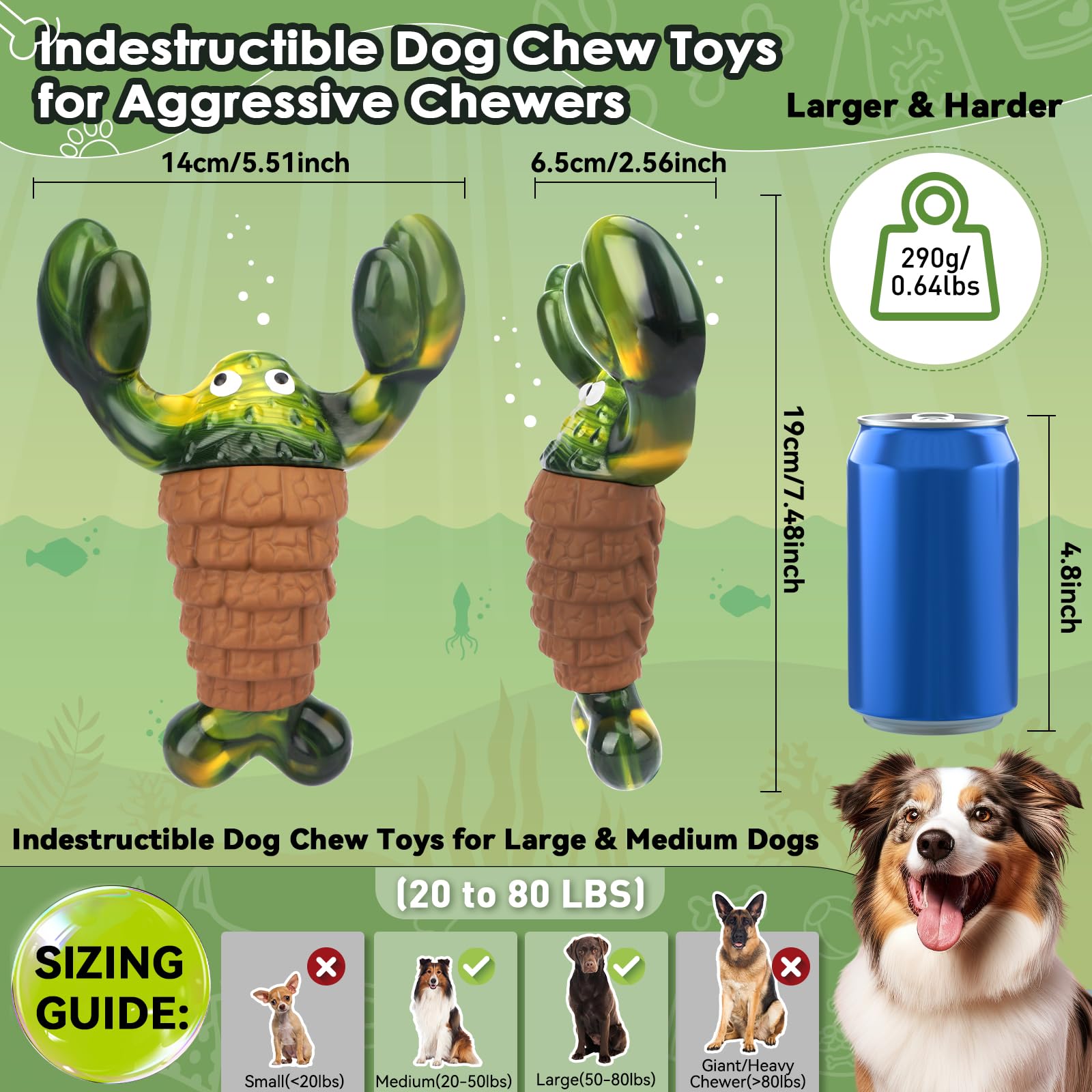 Durable Squeaky Dog Toys for Aggressive Chewers - Tough Chew Toys for Medium & Large Dogs - Interactive Indestructible Dog Toys to Keep Pets Busy - Perfect for Playtime & Training (Green)