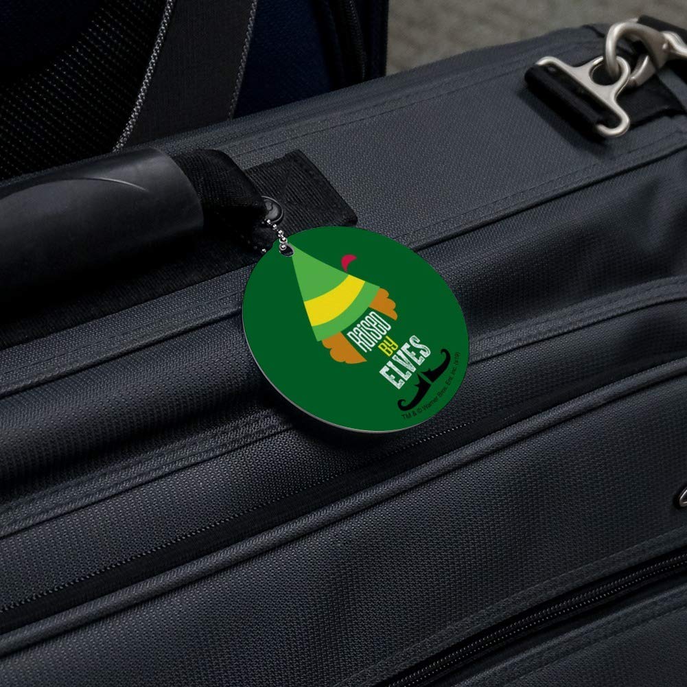 Elf Movie Inspired Raised by Elves Luggage ID Tag - Durable Round Suitcase Name Tag for Carry-On Bags - Perfect for Travel, Vacation & Holiday Gift