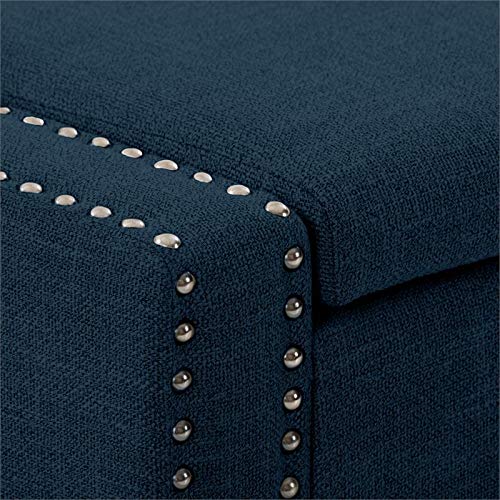 CorLiving Luna Contemporary Navy Blue Fabric Upholstered Storage Ottoman with Nail Trim - Stylish Footrest, Coffee Table & Hidden Storage for Living Room, Bedroom & Office