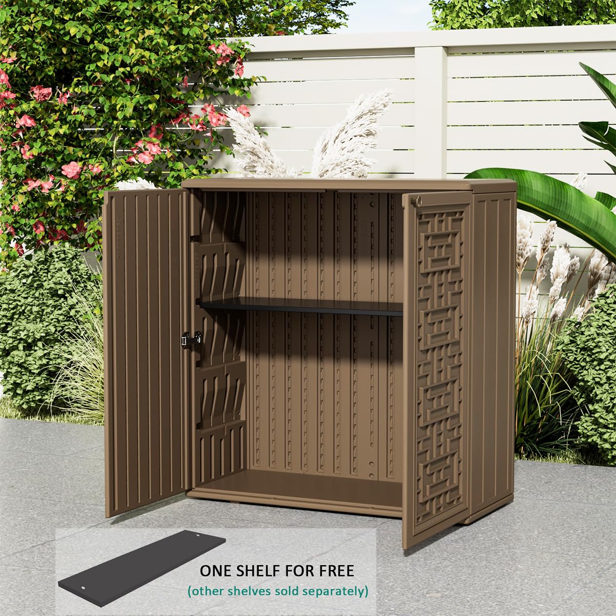 **KINYING 60 Gallon Outdoor Storage Cabinet - Waterproof Resin Deck Box for Patio Furniture Cushions, Garden Tools, Pool Accessories & Kids Toys - Dark Brown with Shelf - Perfect for Backyard, Deck & Poolside Organization**
