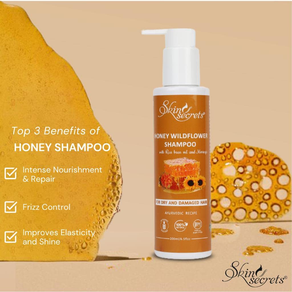Skin Secrets Honey Wildflower Shampoo with Honey & Rice Bran Oil - Moisturizing Treatment for Dry, Damaged Hair | Paraben & Sulfate Free | Ayurvedic Formula | 200ml | Perfect for Daily Hydration & Hair Repair