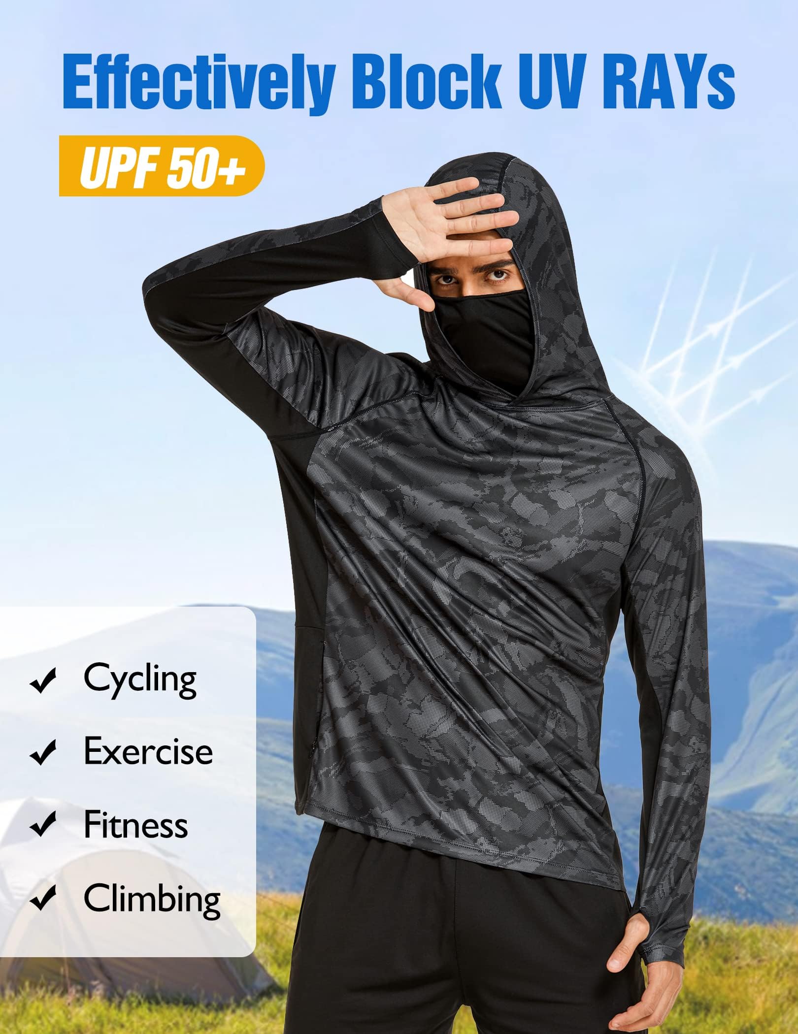 COOrun UPF 50 Men's Hooded Sun Shirt - Fishing & Hiking Rash Guard for Outdoor Sports