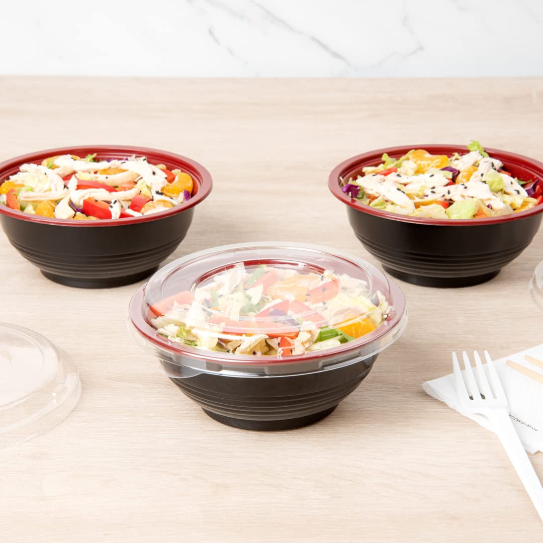 Restaurantware 18oz Disposable Food Containers - 200 Pack Salad Bowls with Lids, Microwave Safe Black & Red Plastic To-Go Bowls | Perfect for Asian Cuisine, Picnics, Takeout, Catering & Meal Prep