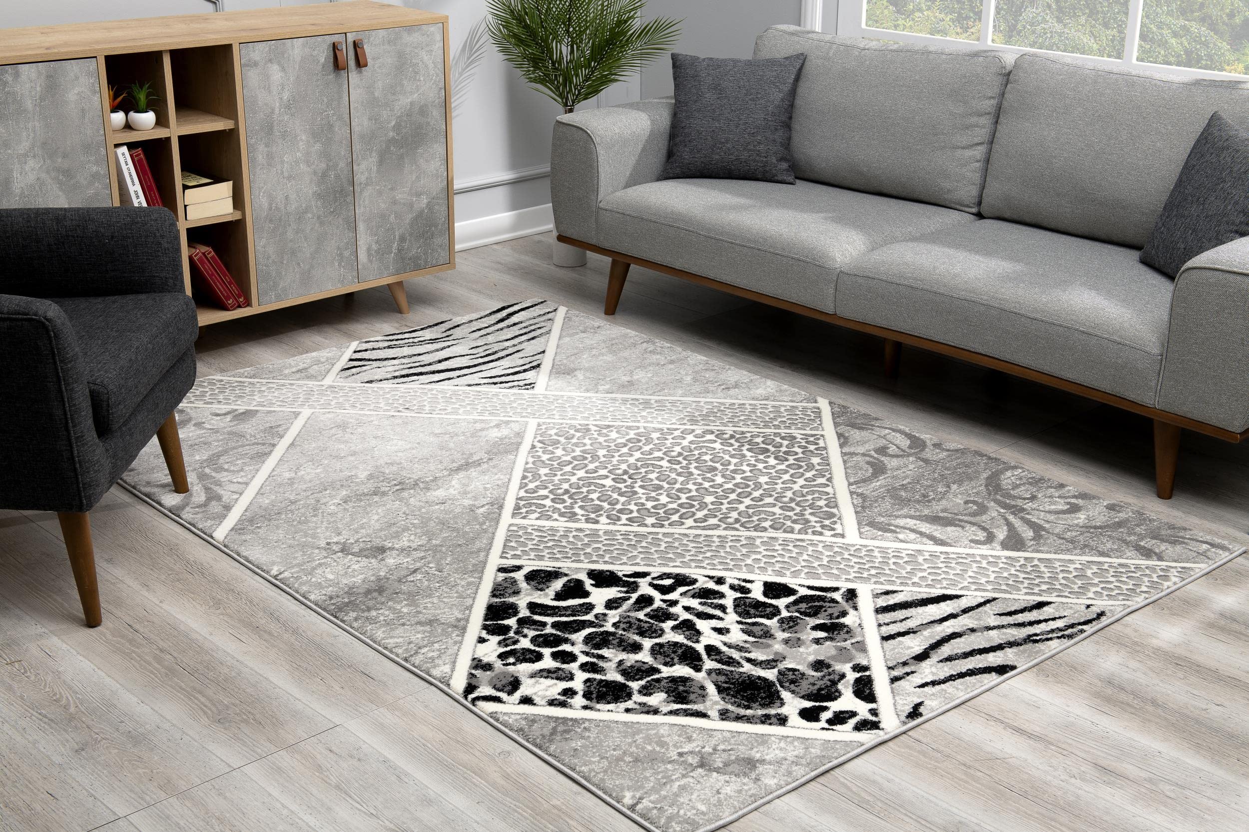 Modern Geometric Animal Print Grey Black Indoor Area Rug - 6' x 9' for Living Room, Bedroom, Dining Room & Kitchen | Soft & Durable Floor Mat for Home Decor, Pet-Friendly & Easy to Clean