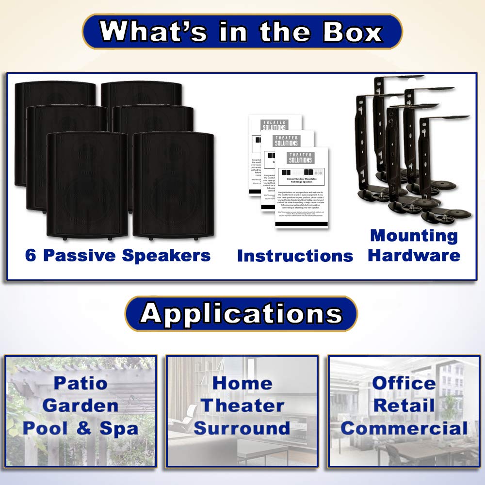 **Theater Solutions TS425ODB Weatherproof Indoor Outdoor Speakers - 3 Pair Pack (6 Speakers) - Mountable Black for Patio, Garden, Pool & Home Theater - High-Quality Sound for Entertainment Areas**