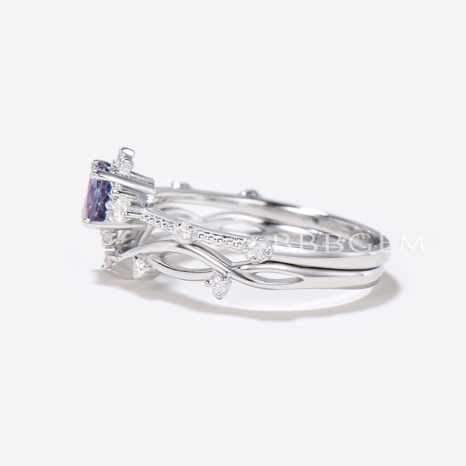 1/2 Carat Round Alexandrite & Moissanite Ring in White & Rose Gold - Minimalist Twig Branch Ivy Design for Women - Perfect for Engagement, Wedding, Anniversary & Everyday Elegance