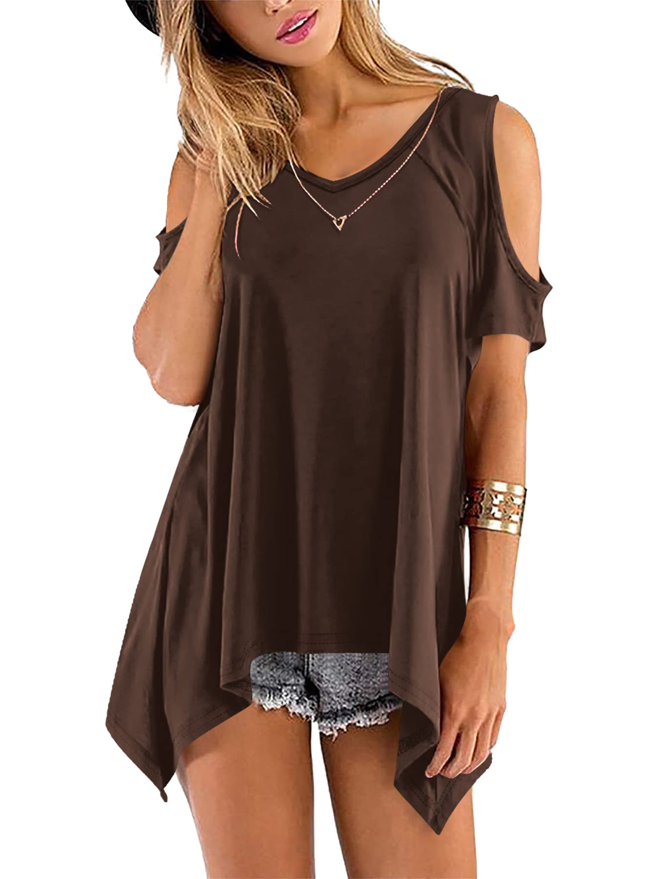 Beluring Women's Cold Shoulder Tops V-Neck Short Sleeve Tee Shirts - Summer Tunic Blouse for Casual Outings, Beach Wear & Date Nights