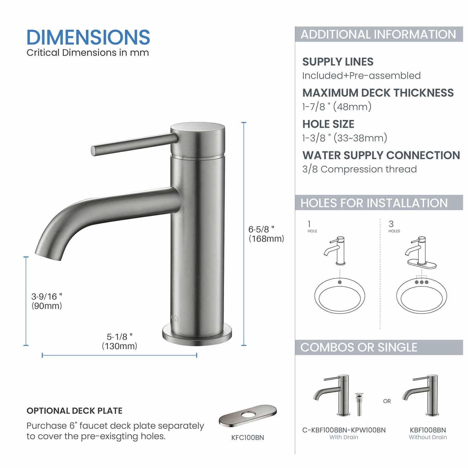 KIBI Brushed Nickel Single Handle Bathroom Sink Faucet - Solid Brass Construction with Water Supply Hose | Corrosion-Resistant & Durable Bathroom Vanity Faucet for Modern Homes (Model KBF1008) | Perfect for Guest Bathrooms, Powder Rooms & Master Suites