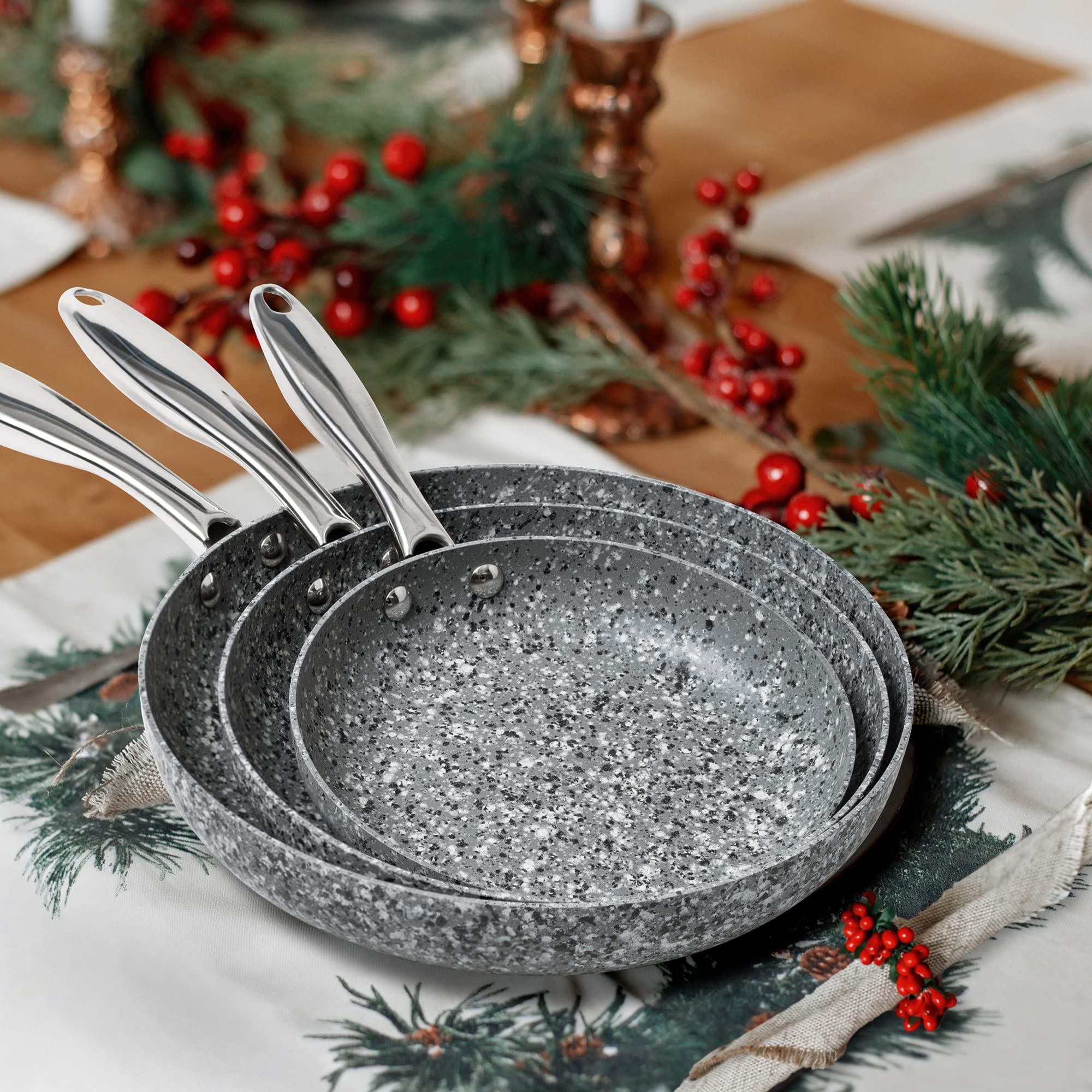 MICHELANGELO 8-11 Inch Nonstick Stone Frying Pan Set with Lid – Granite Coated Skillet for Sauteing, Frying & Cooking – Perfect for Gas, Electric & Induction Stovetops