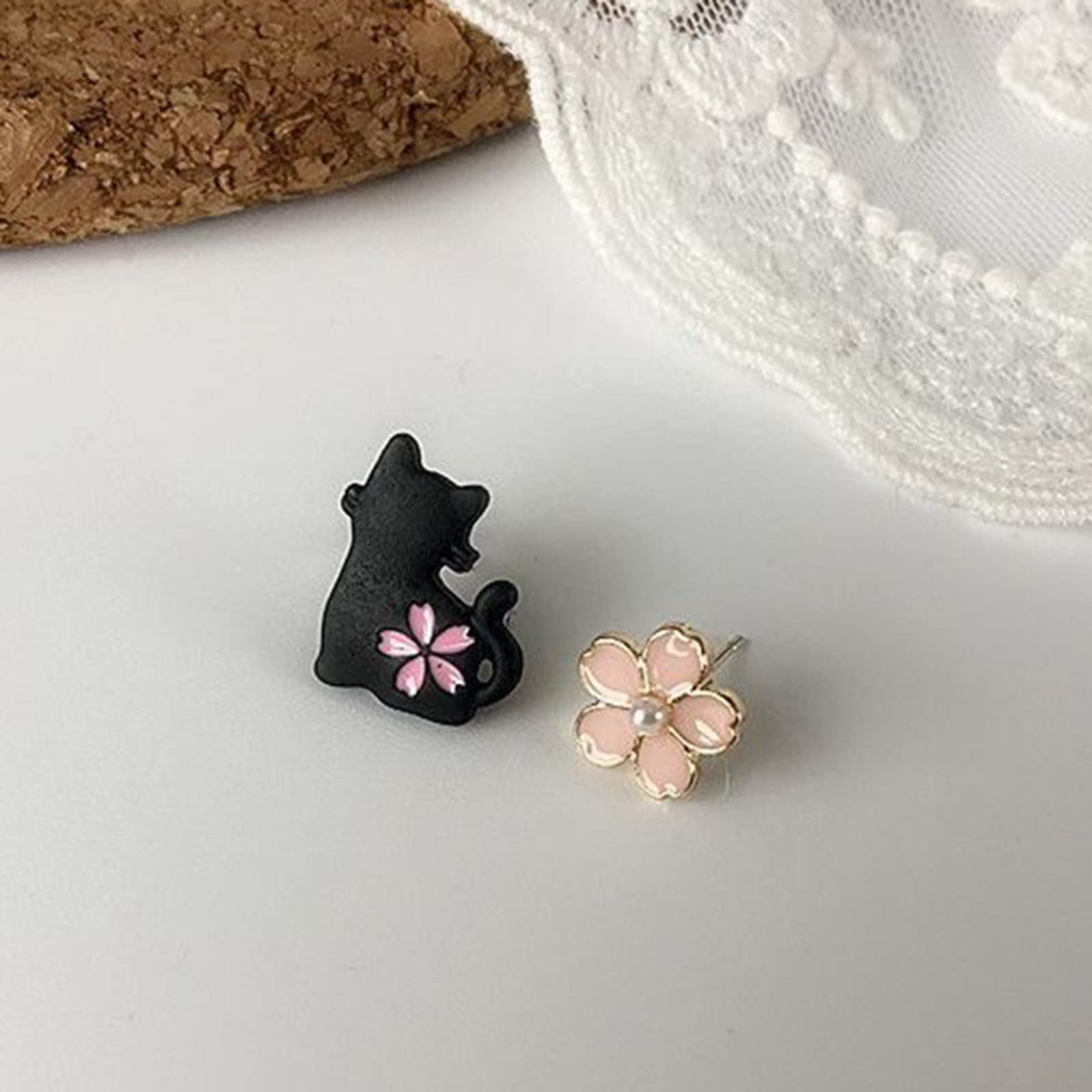 Boho Asymmetric Flower Stud Earrings for Women - Cute Cat Drop Earrings - Fashion Statement Jewelry for Girls - Perfect for Parties, Dating & Daily Wear (Black, One Size)