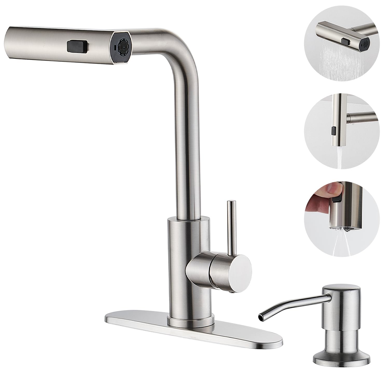 Brushed Nickel Pull Down Kitchen Faucet with Soap Dispenser - Modern Single Handle Stainless Steel Waterfall Sink Faucet for Single Hole Installation - Perfect for Home Kitchen, Restaurant, and Commercial Use
