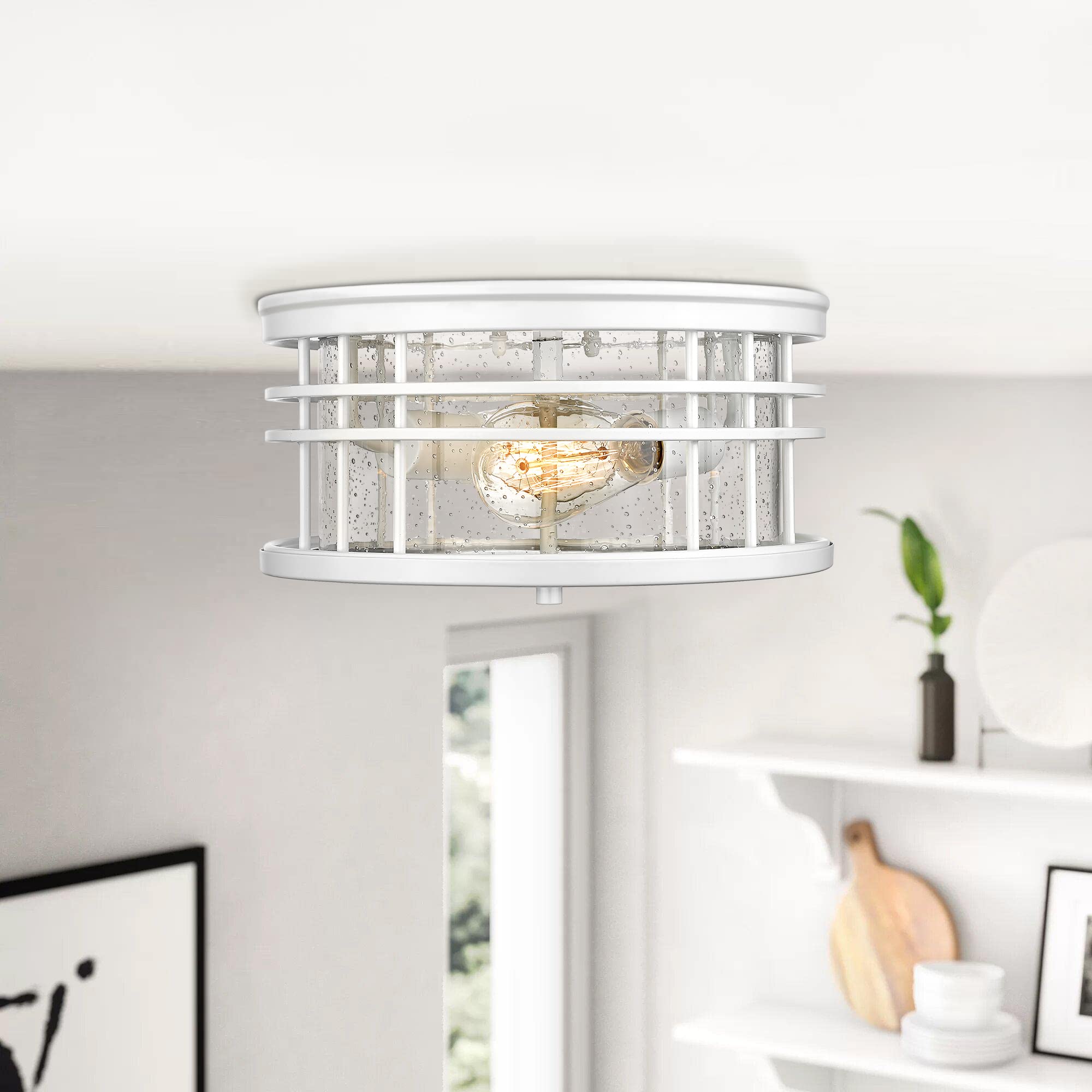 Modern Flush Mount Ceiling Light Fixture - 12 Inch White Seeded Glass LED Light for Kitchen, Bedroom, Laundry Room - Perfect for Modern Home, Apartment and Office Lighting - ZW01-F WH