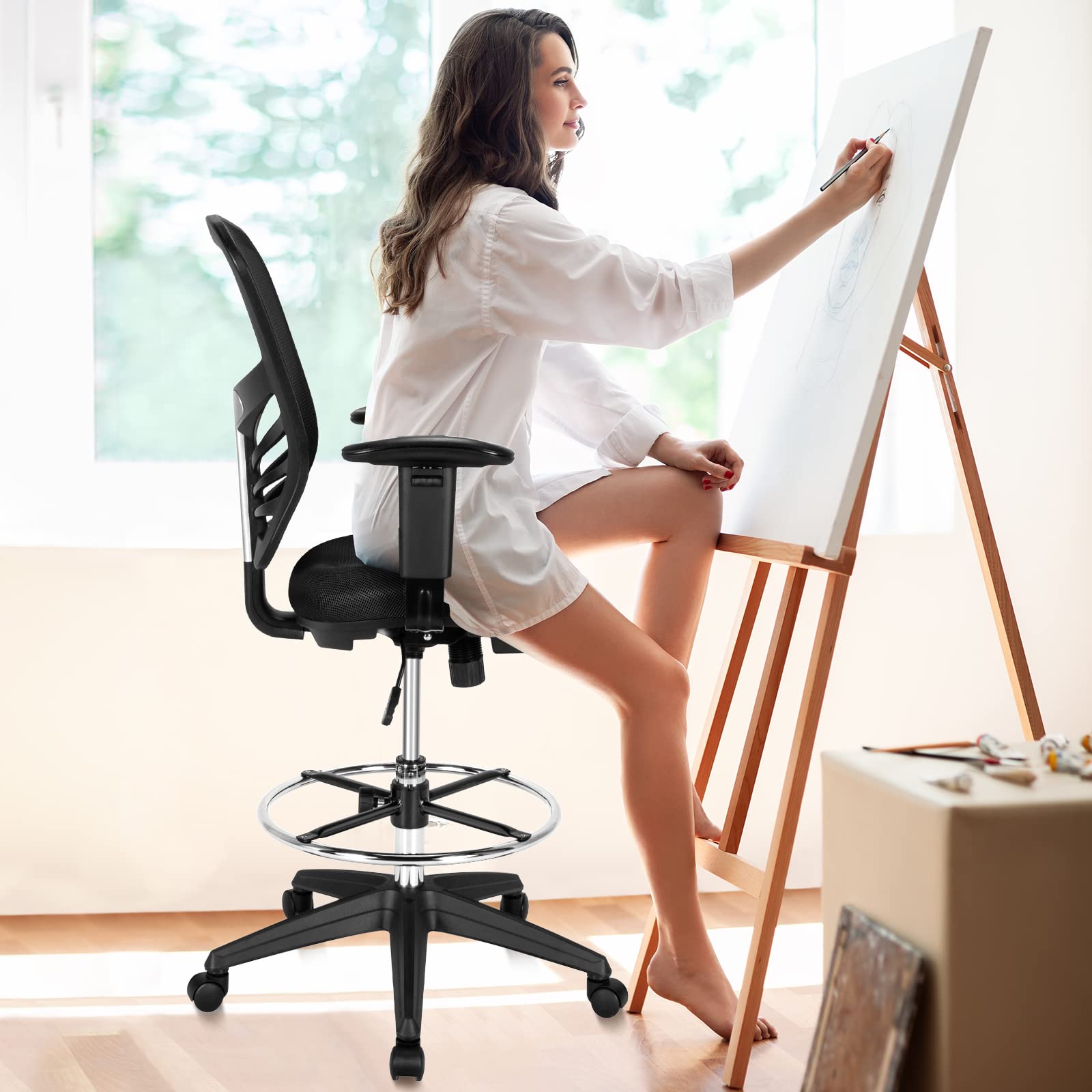 COSTWAY Ergonomic Mesh Office Chair with Adjustable Footrest & Armrests - Counter Height Standing Desk Chair, Rolling Height Adjustable Computer Drafting Chair for Home Office (Black) | Perfect for Long Work Hours, Gaming & Remote Work