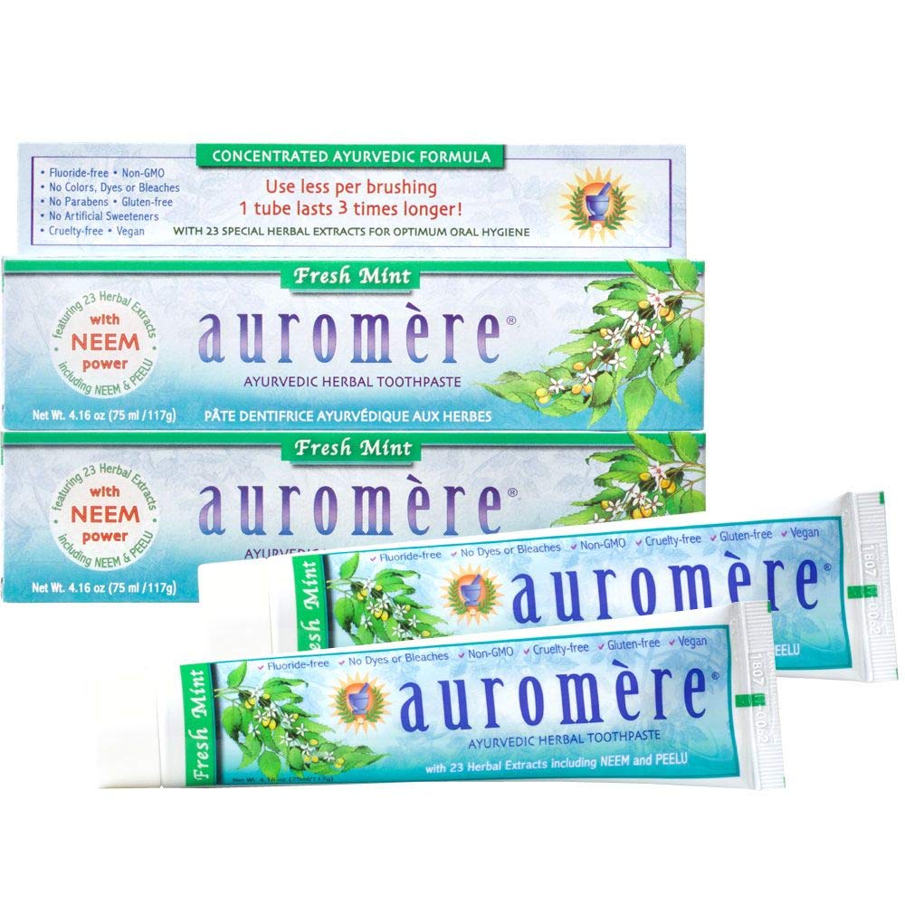 Auromere Ayurvedic Herbal Toothpaste - Fresh Mint Flavor, Vegan, Natural, Non-GMO, Fluoride & Gluten Free with Neem & Peelu (4.16 oz, 2 Pack) | Organic Tooth Care for Sensitive Teeth & Gum Health | Perfect for Daily Oral Hygiene & Ayurvedic Lifestyle
