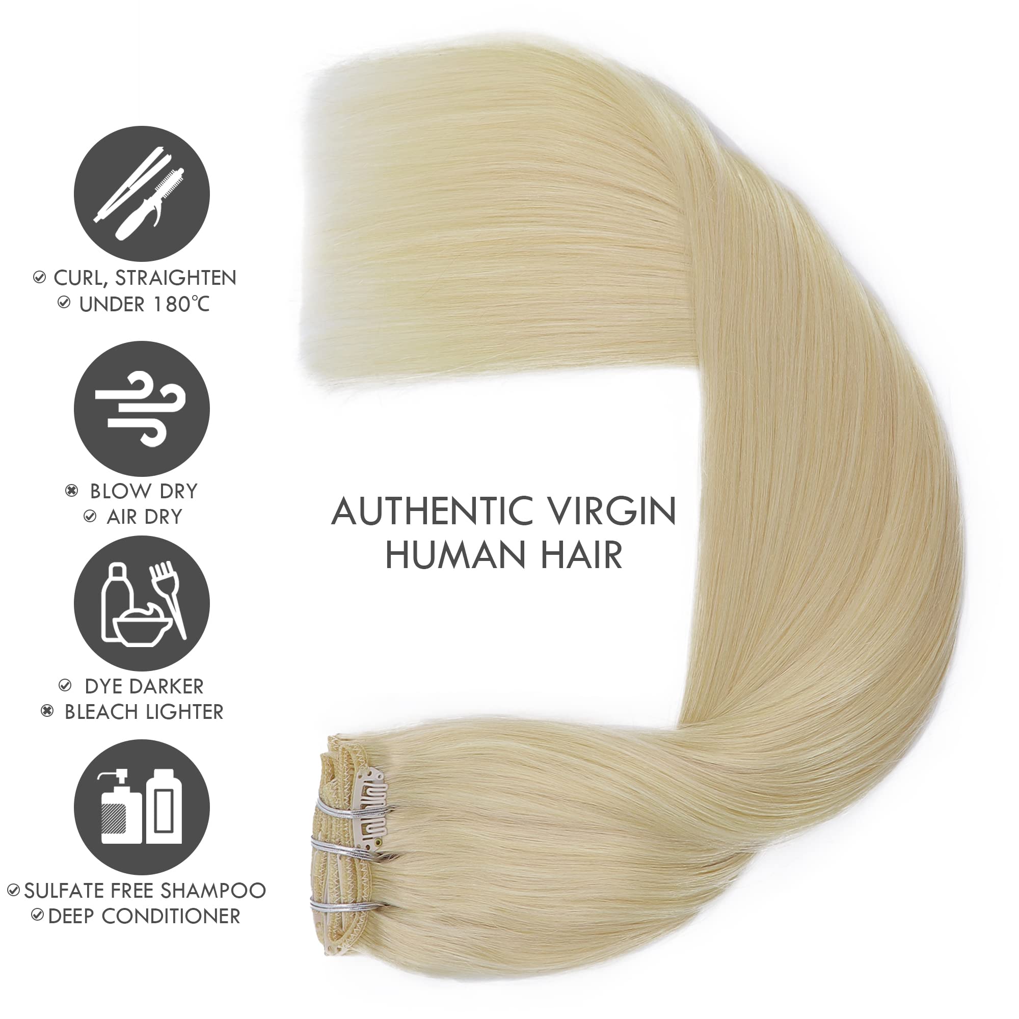 Platinum Blonde Clip In Hair Extensions 14 Inch - 7PCS Real Human Hair 120g Double Weft for Volume & Length - Perfect for Parties, Weddings & Everyday Styling